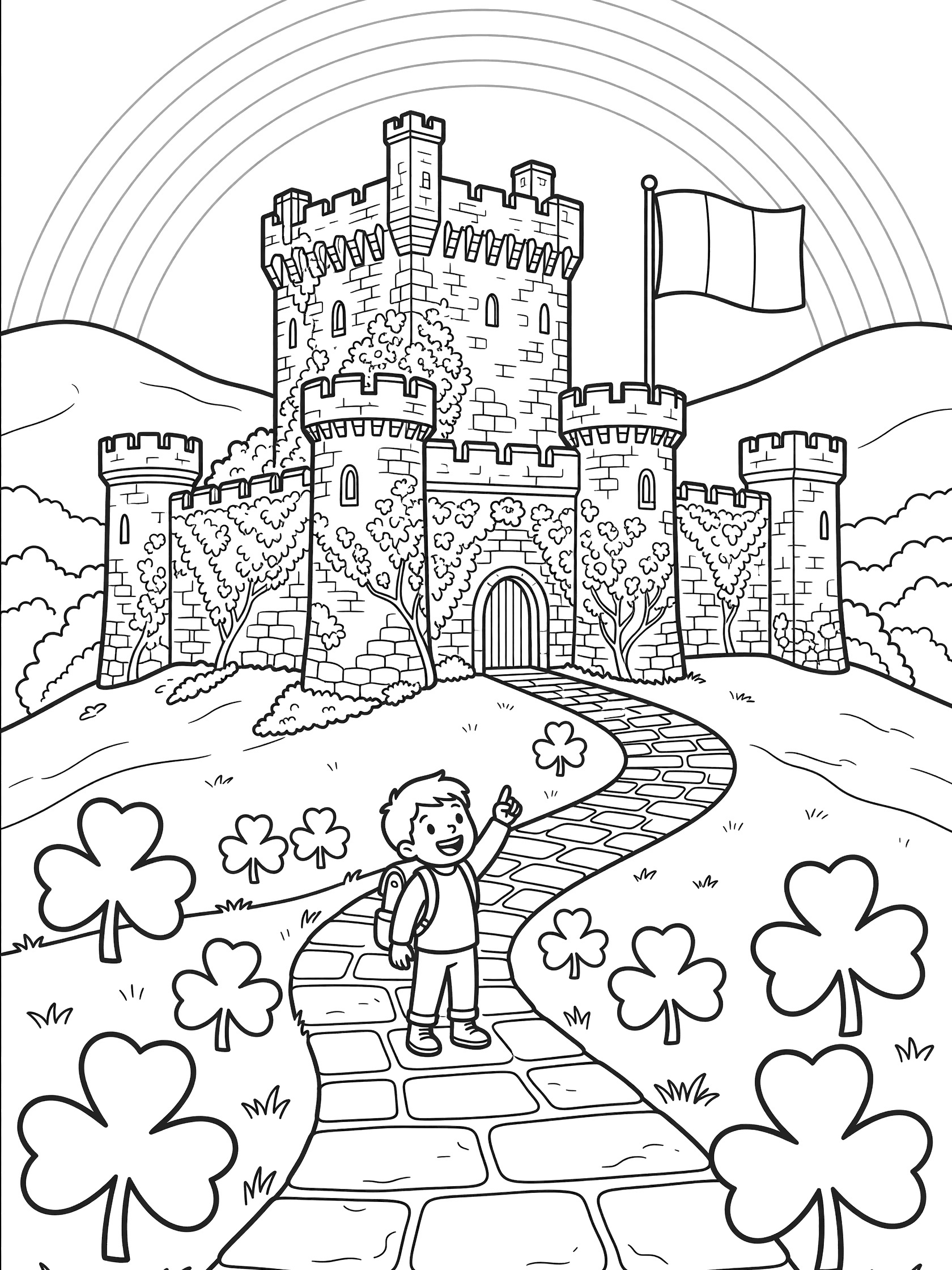 Black and white coloring page of Blarney Stone castle with towers, battlements, child adventurer on stone path with shamrocks, waving Irish flag, and rainbow over hills.