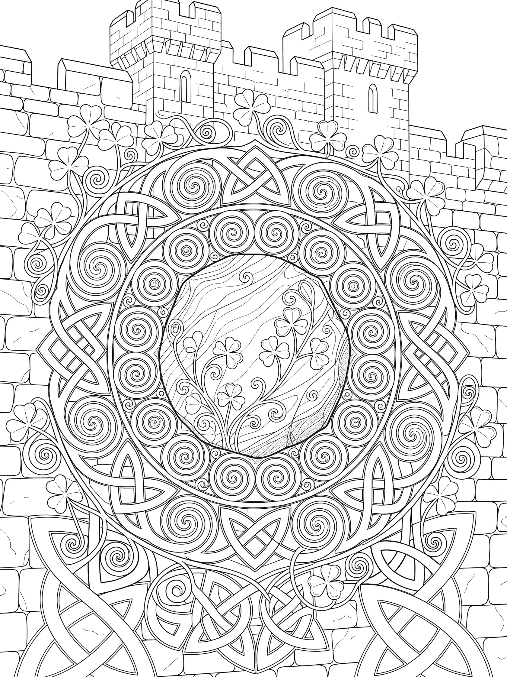 Black and white line art of the Blarney Stone in a circle of Celtic knots, clover vines, and Blarney Castle battlements
