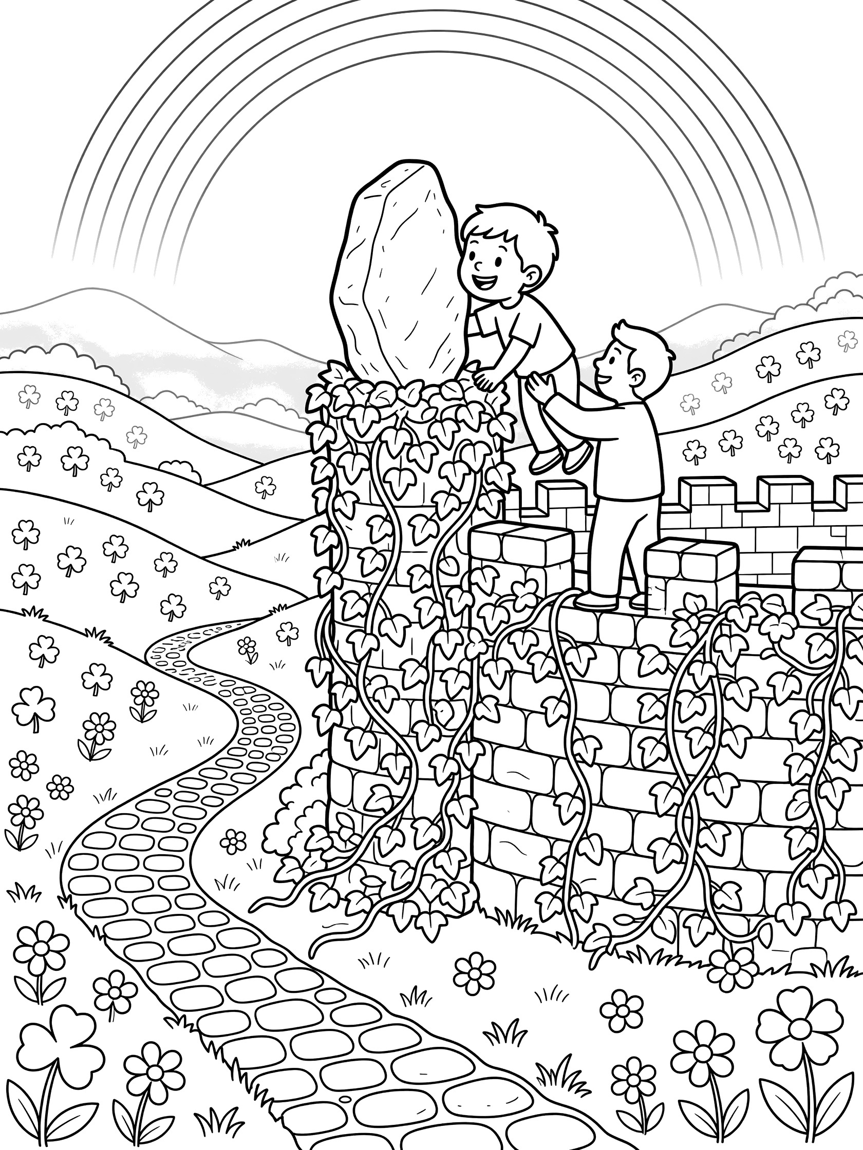 Line art coloring page showing Blarney Stone on ivy-covered castle wall, cheerful child leaning to kiss the stone helped by adult, surrounded by green hills with shamrocks, flowers, winding path, rainbow and mountains.