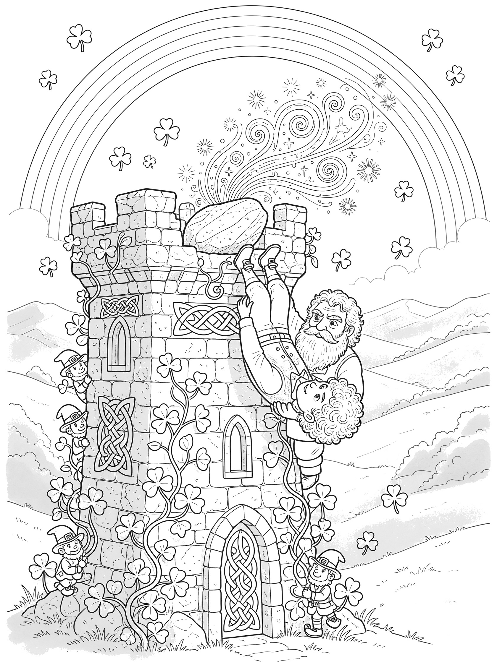 Black-and-white coloring page of Blarney Stone at castle tower: curly-haired boy held upside down by bearded guard to kiss the stone, with golden swirls, leprechauns, shamrocks, Celtic patterns, rainbow, and hills.