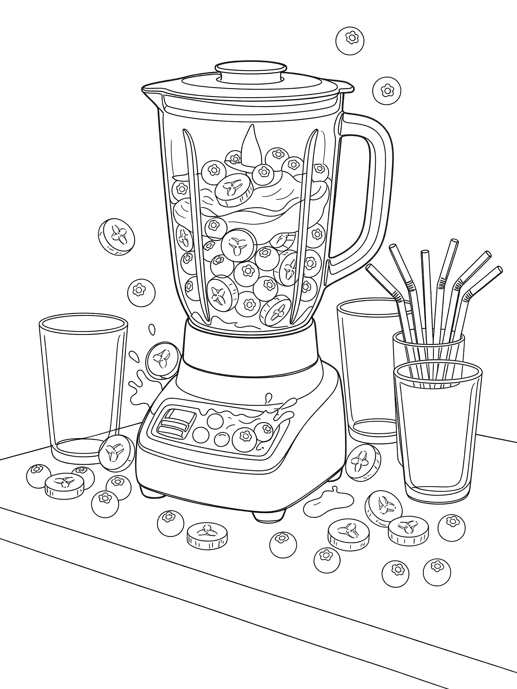 Printable coloring page showing a blender making blueberry smoothie with blueberries, bananas and yogurt inside, plus glasses and straws ready on the counter