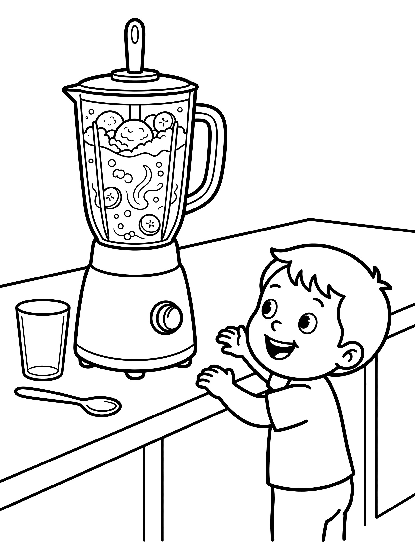 Line art coloring page showing a tall blender mixing ice cream scoops, milk and banana slices into a frothy milkshake, with an excited child on tiptoes, glass and spoon nearby.