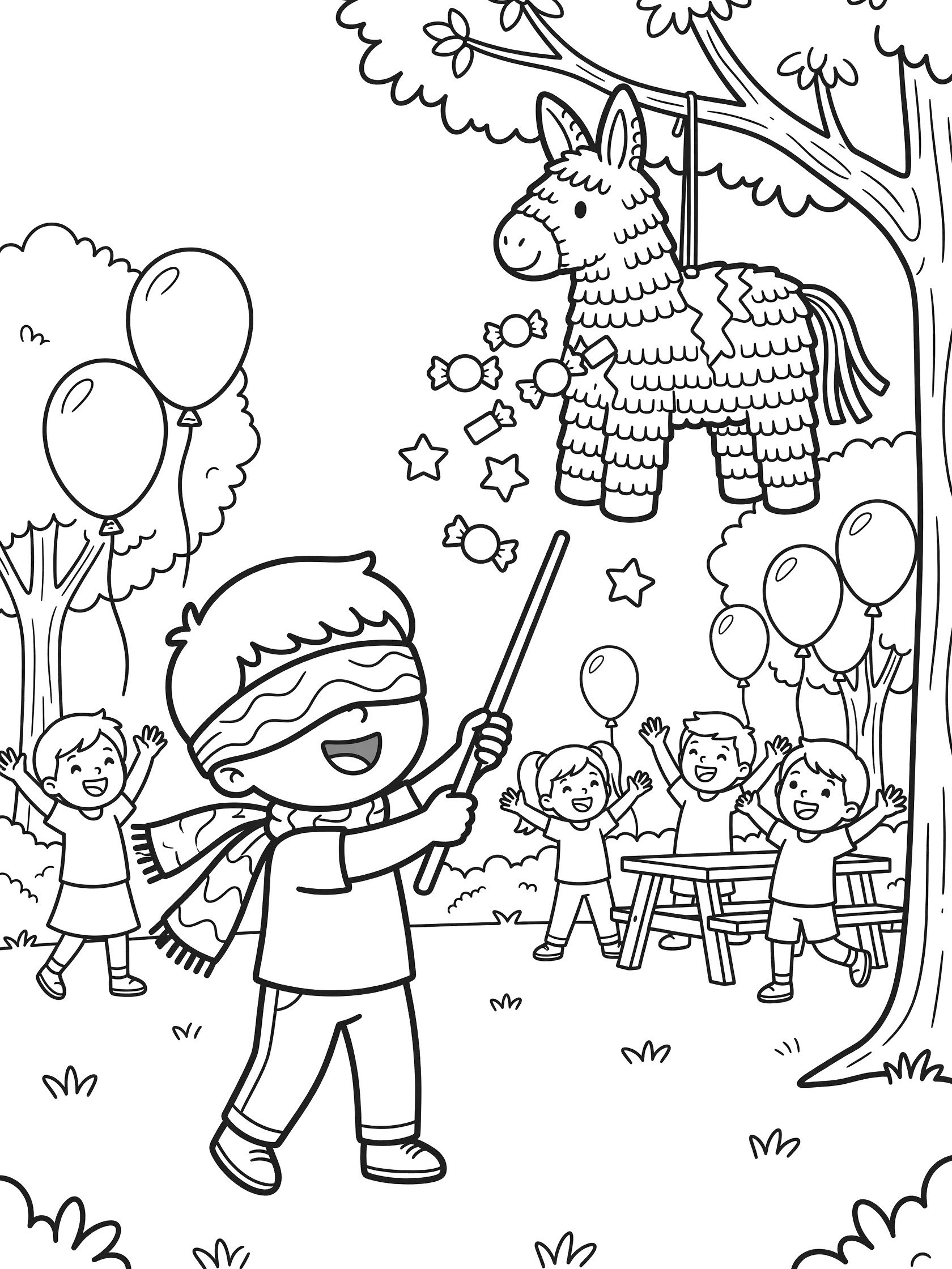 Line art coloring page showing a child blindfolded with a scarf, hitting a donkey-shaped piñata hanging from a tree. Friends cheer in the background with balloons and a picnic table.