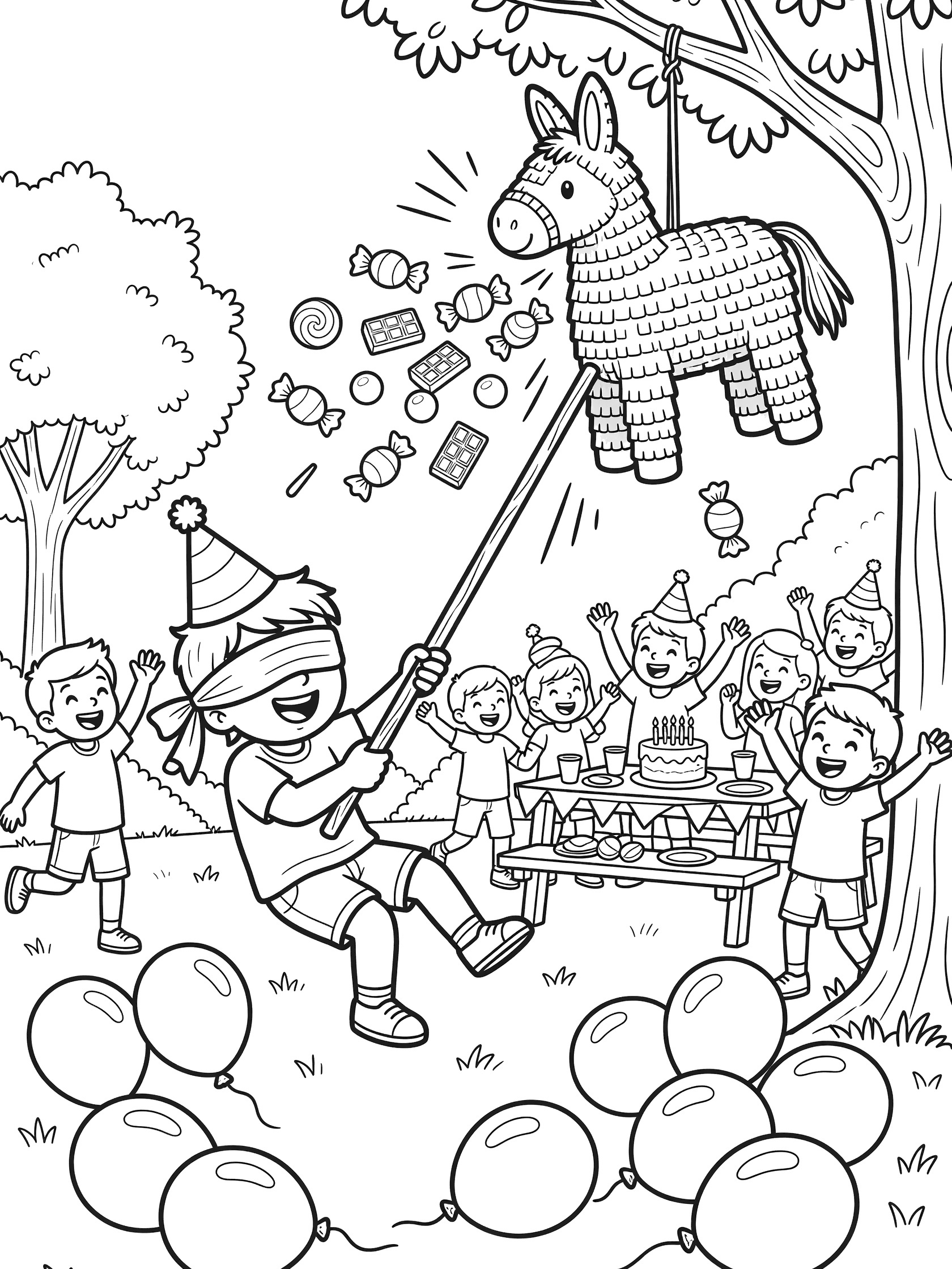 Black and white line art coloring page showing blindfolded boy with party hat hitting donkey-shaped piñata hanging from tree branch, candy spilling, kids cheering around picnic table and balloons