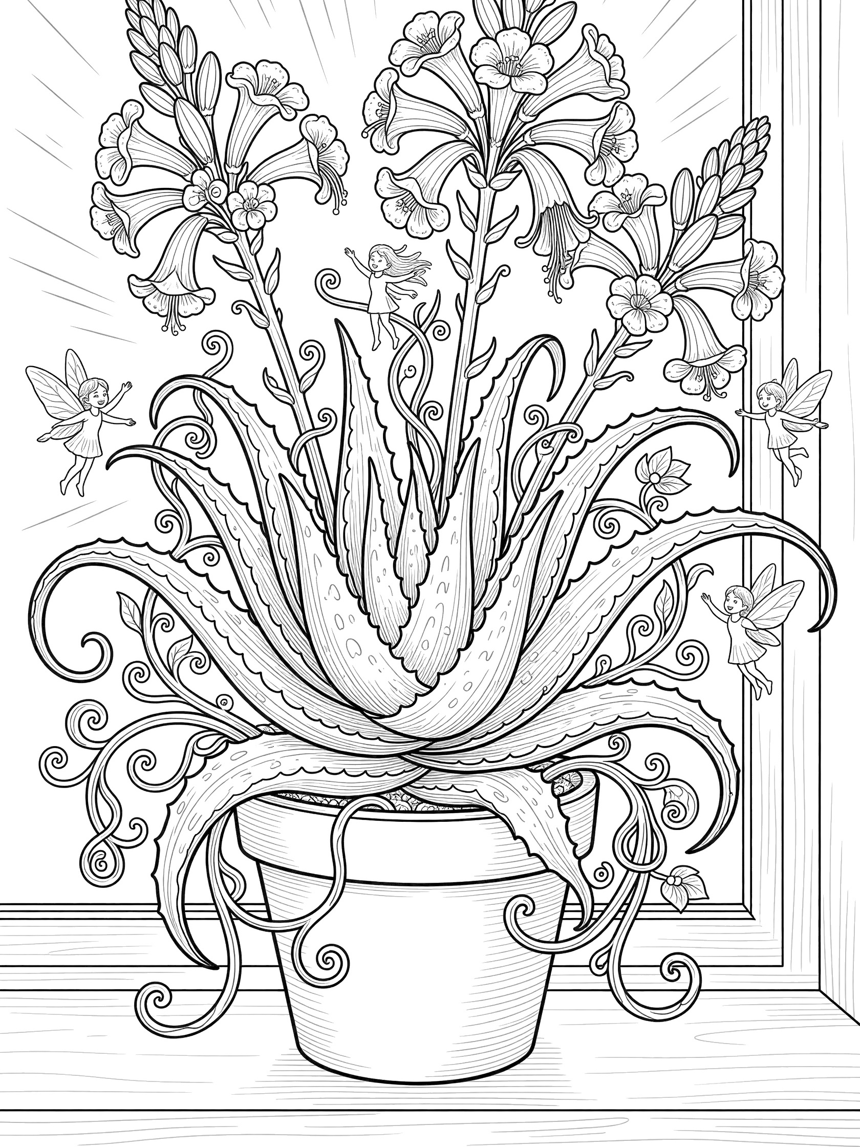 Doodle-style coloring page of blooming Aloe Vera house plant with fleshy rosette leaves, arching flower clusters, twisting vines, and fluttering fairy sprites in a pot on a sunny windowsill.