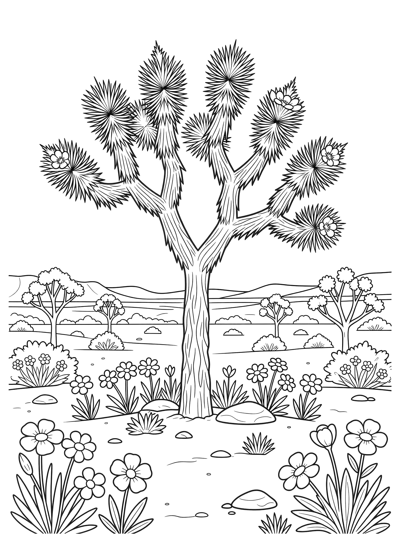 Black and white line art of a Joshua tree with spiky branches and white flower clusters, surrounded by desert flowers and rocks.