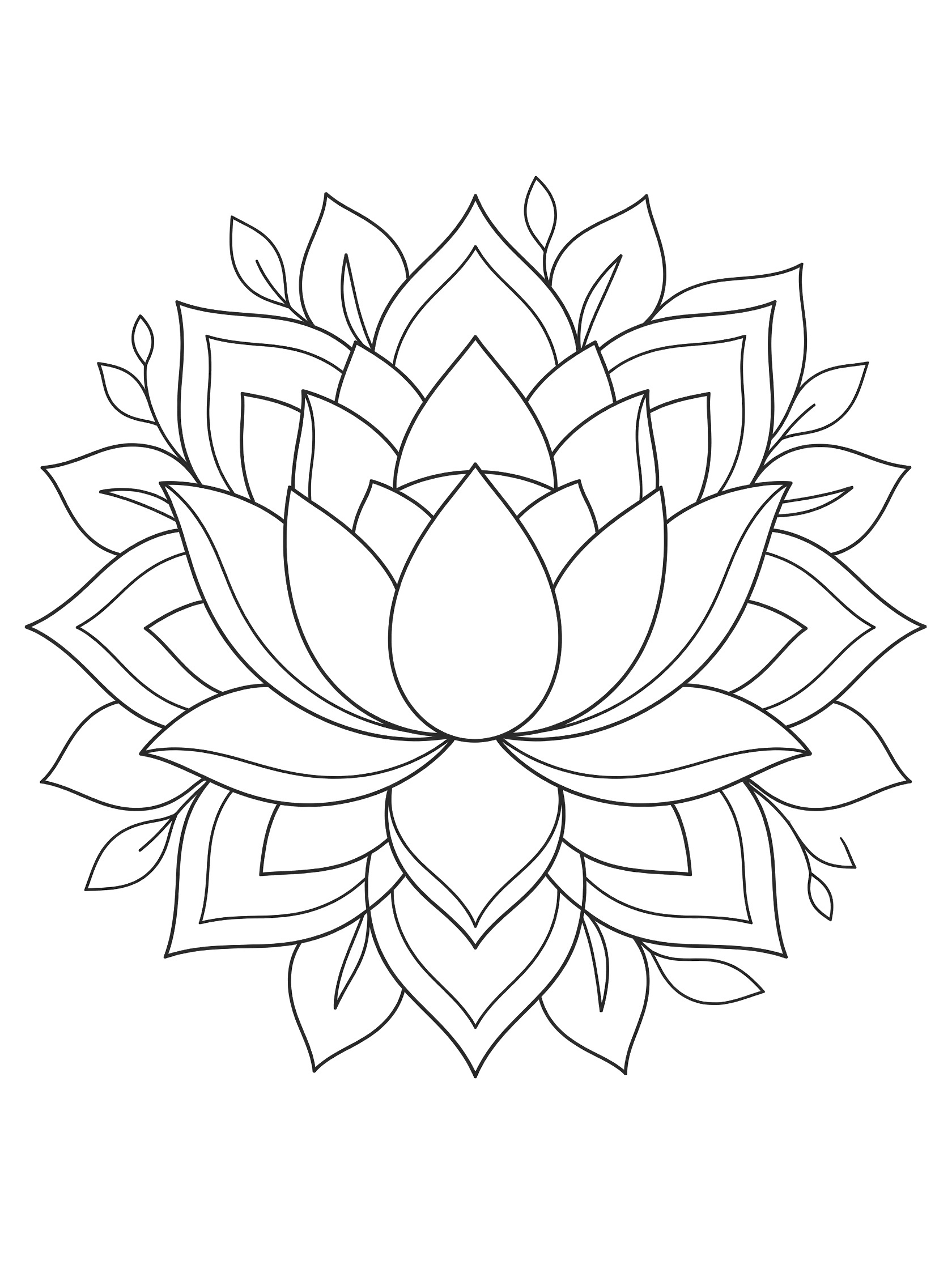 Simple line art coloring page of a blooming lotus flower mandala with symmetric petals unfolding from the center and surrounding leaves.