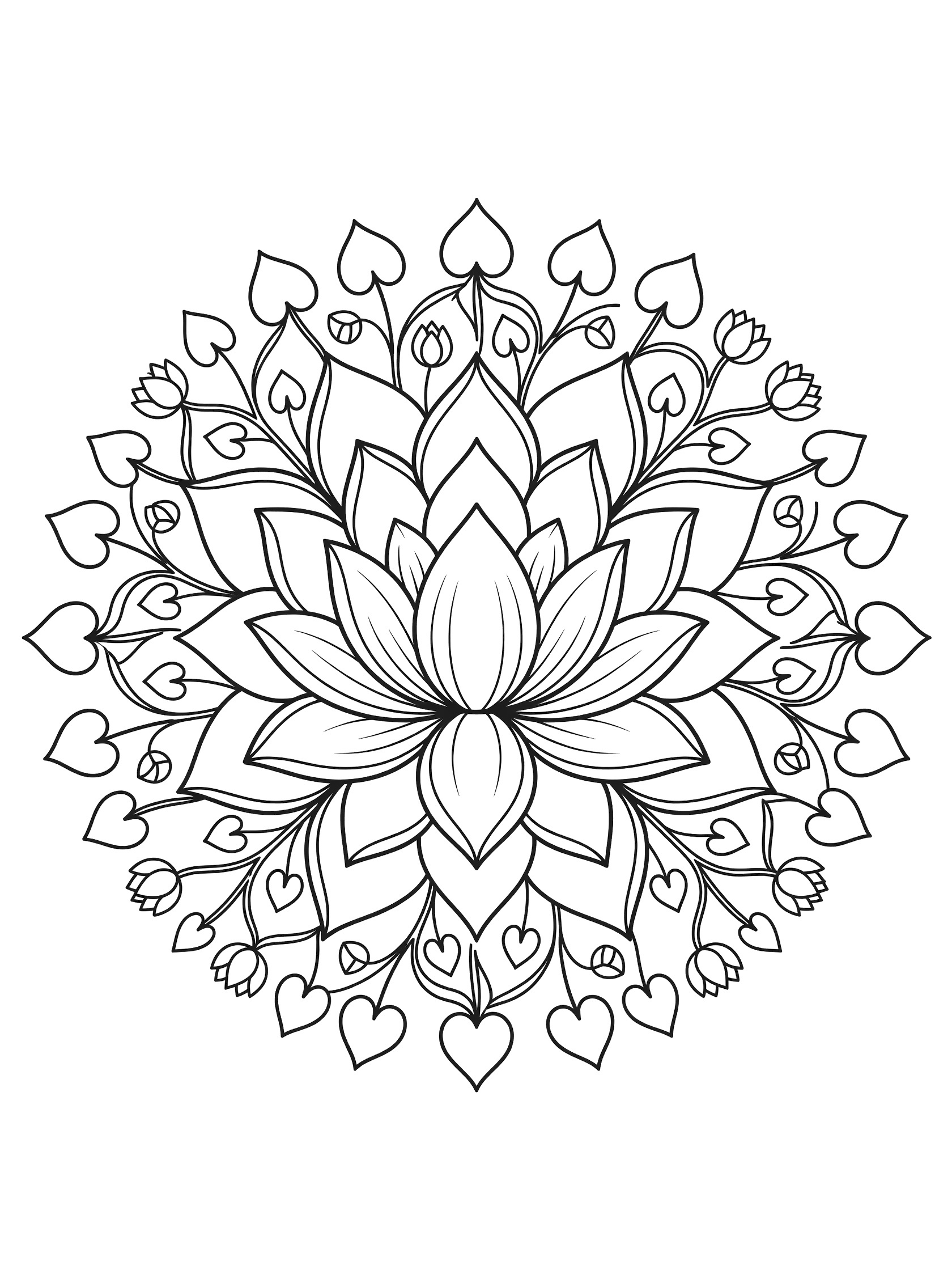 Symmetrical black-and-white lotus mandala coloring page showing a large open lotus flower with unfolding petals, surrounded by vines, heart leaves, and buds.