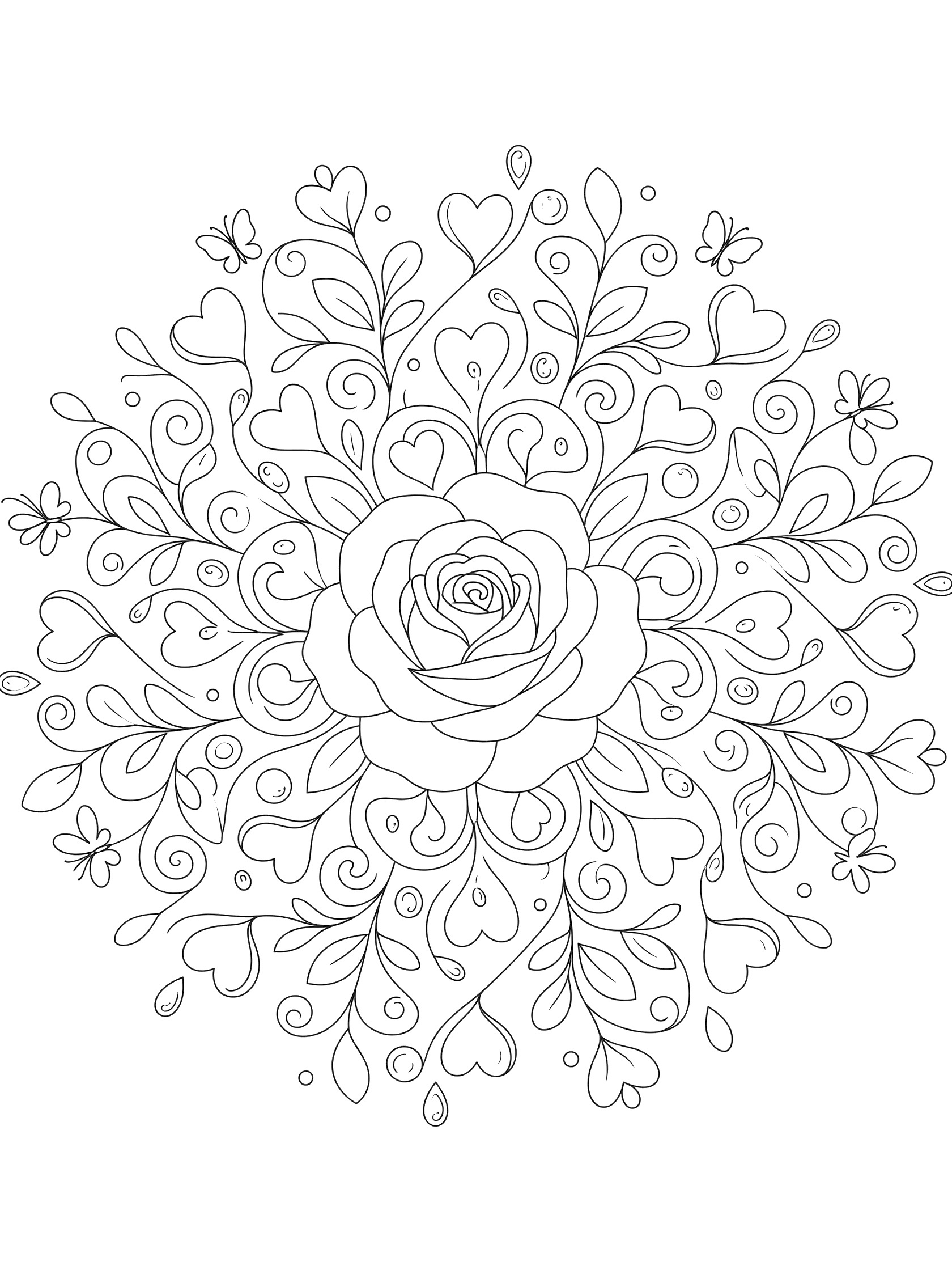 Black and white line art of a Rose Mandala featuring a plump central rose surrounded by swirling vines, heart-shaped leaves, and tiny butterflies in perfect symmetry.