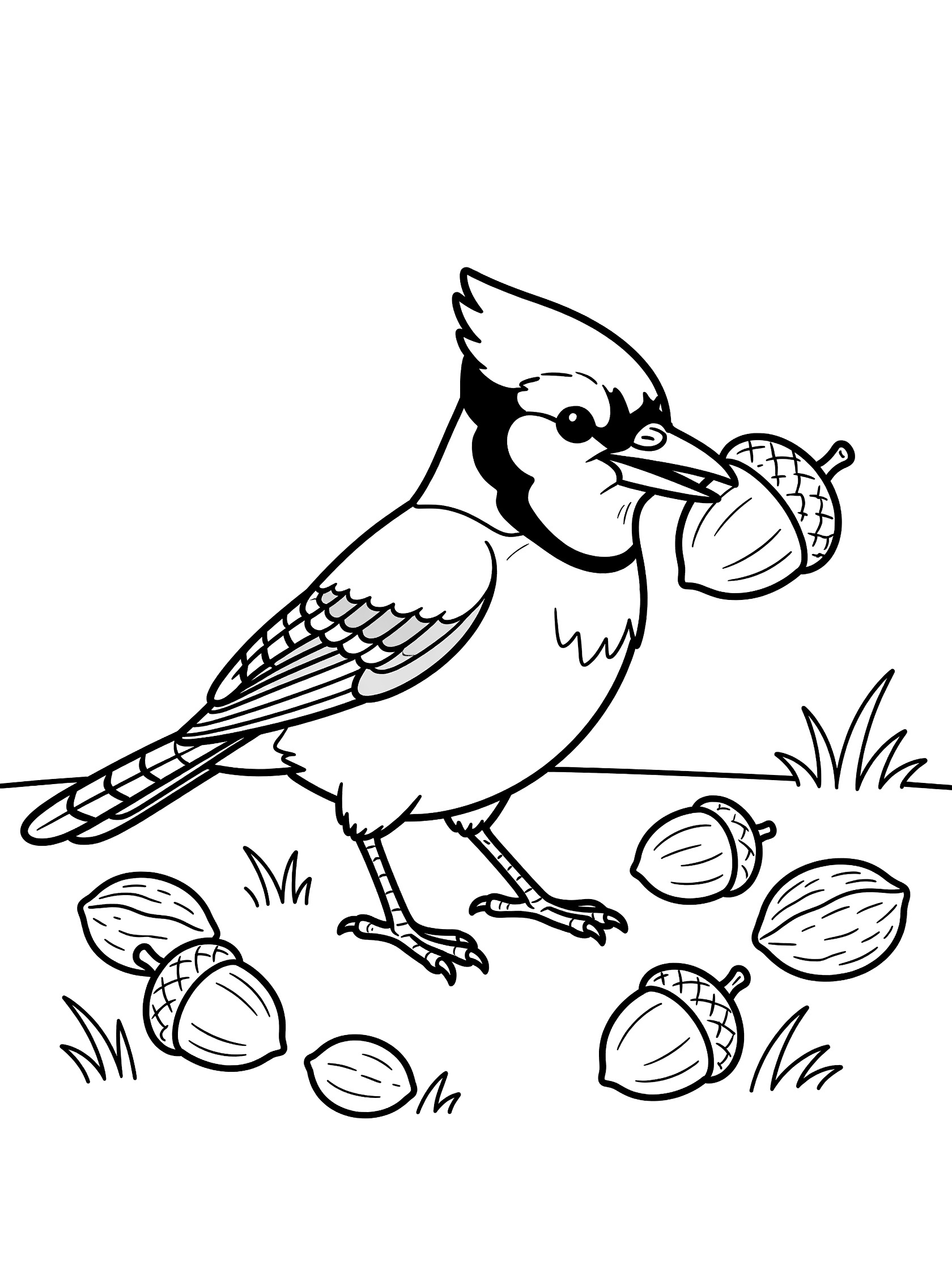 Black and white line art coloring page showing a blue jay bird standing on the ground with a large acorn in its beak, surrounded by scattered acorns and grass blades.