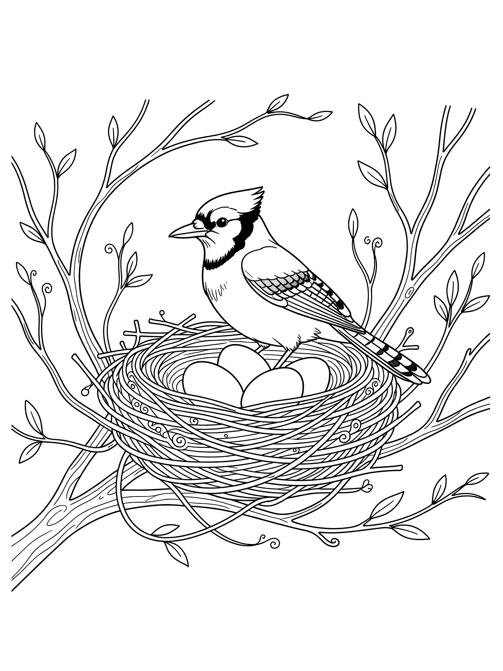 Black and white coloring page of a blue jay bird perched in a twig nest holding three eggs, surrounded by branches and leaves