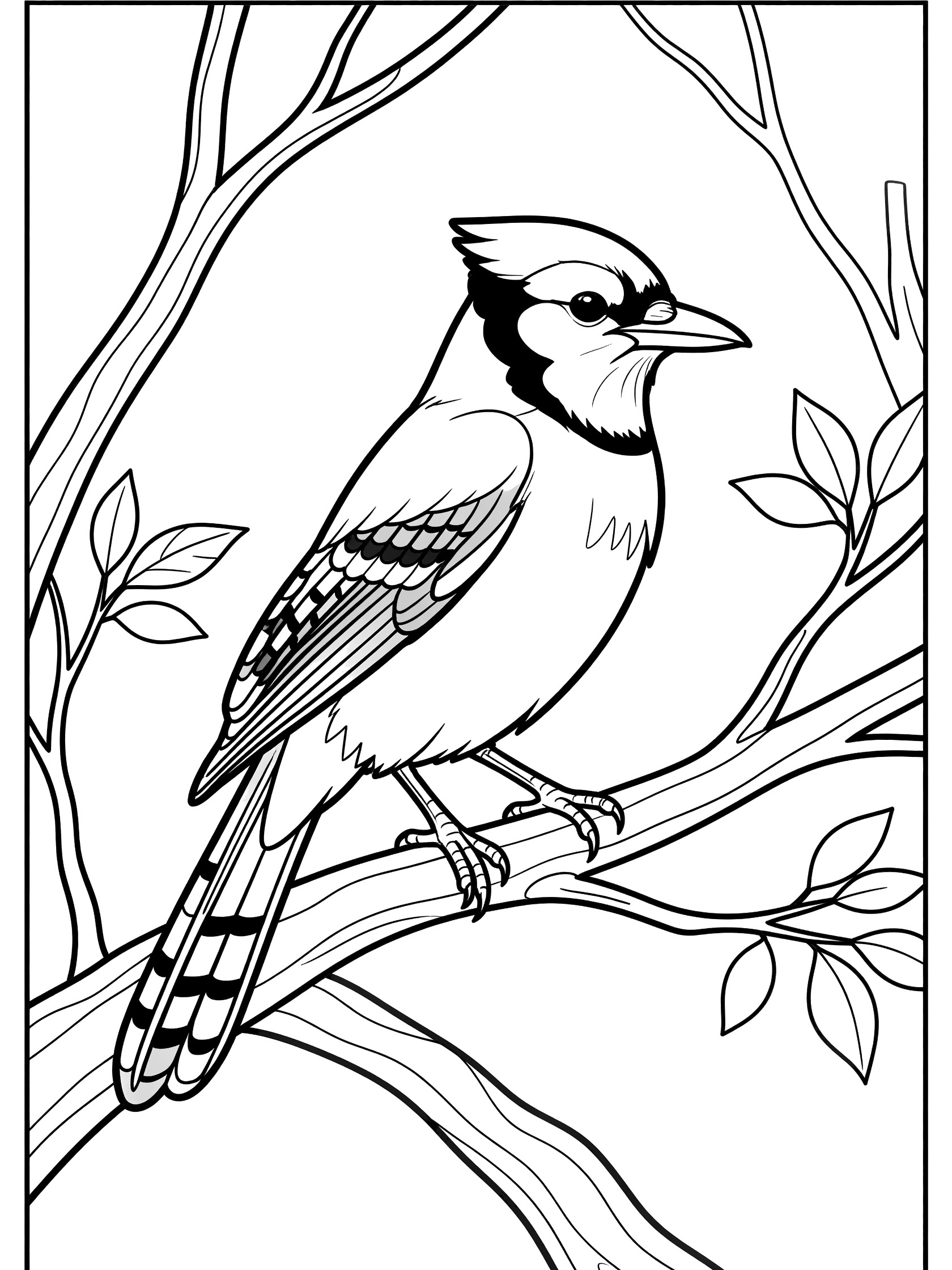Black and white line drawing of a blue jay bird sitting on a tree branch with a few leaves, coloring book style.