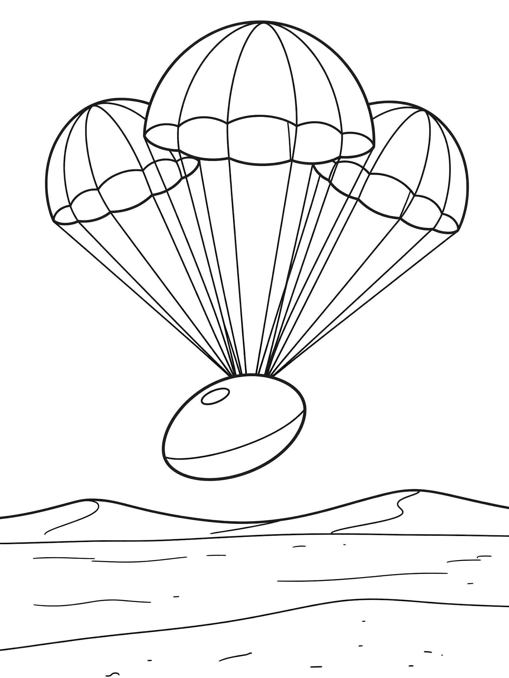Black and white coloring page showing Blue Origin rounded capsule suspended by four rippling parachutes descending to wavy desert dunes.