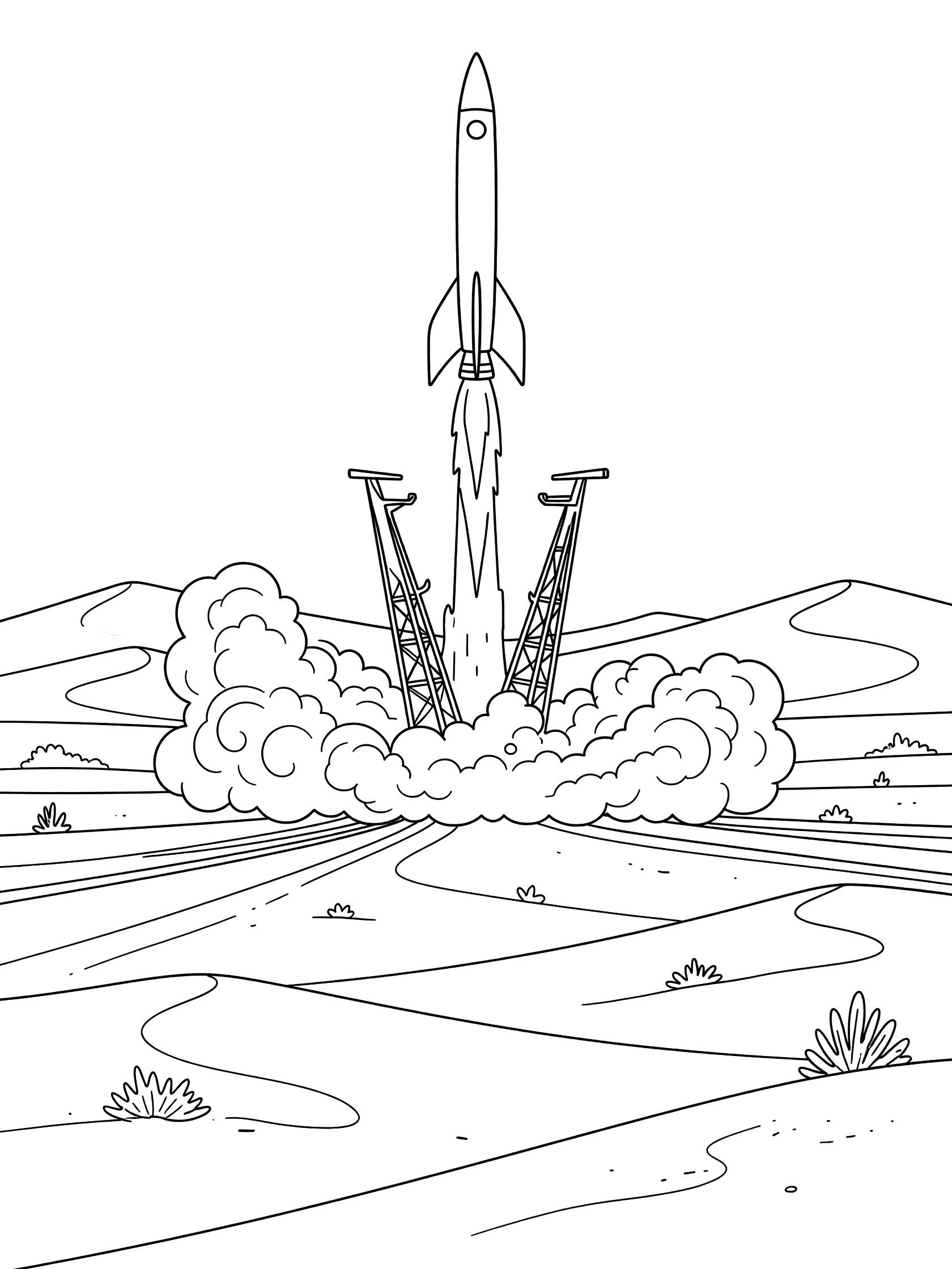 Black-and-white coloring page of a tall Blue Origin rocket launching vertically from desert pad with engine flames, smoke, and nearby support towers.