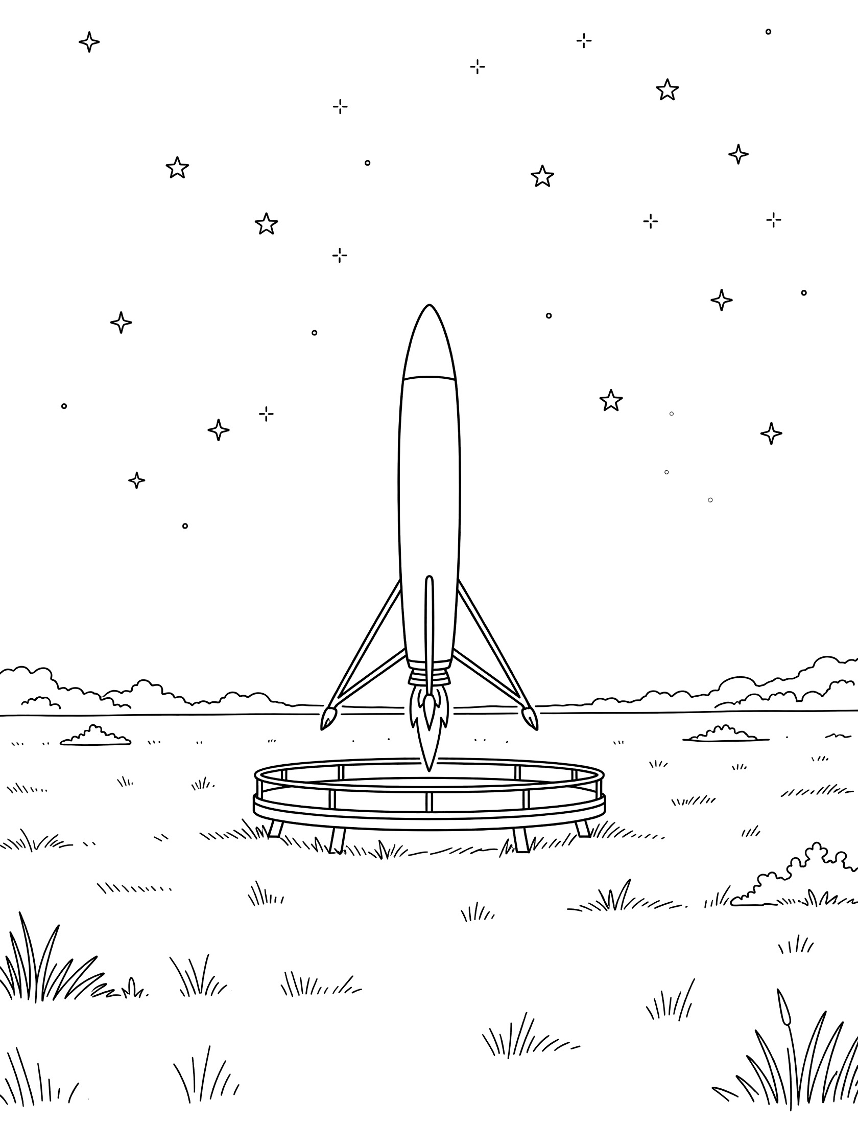Black and white line art of Blue Origin rocket booster descending with engine flames onto a landing platform in an open field under starry sky
