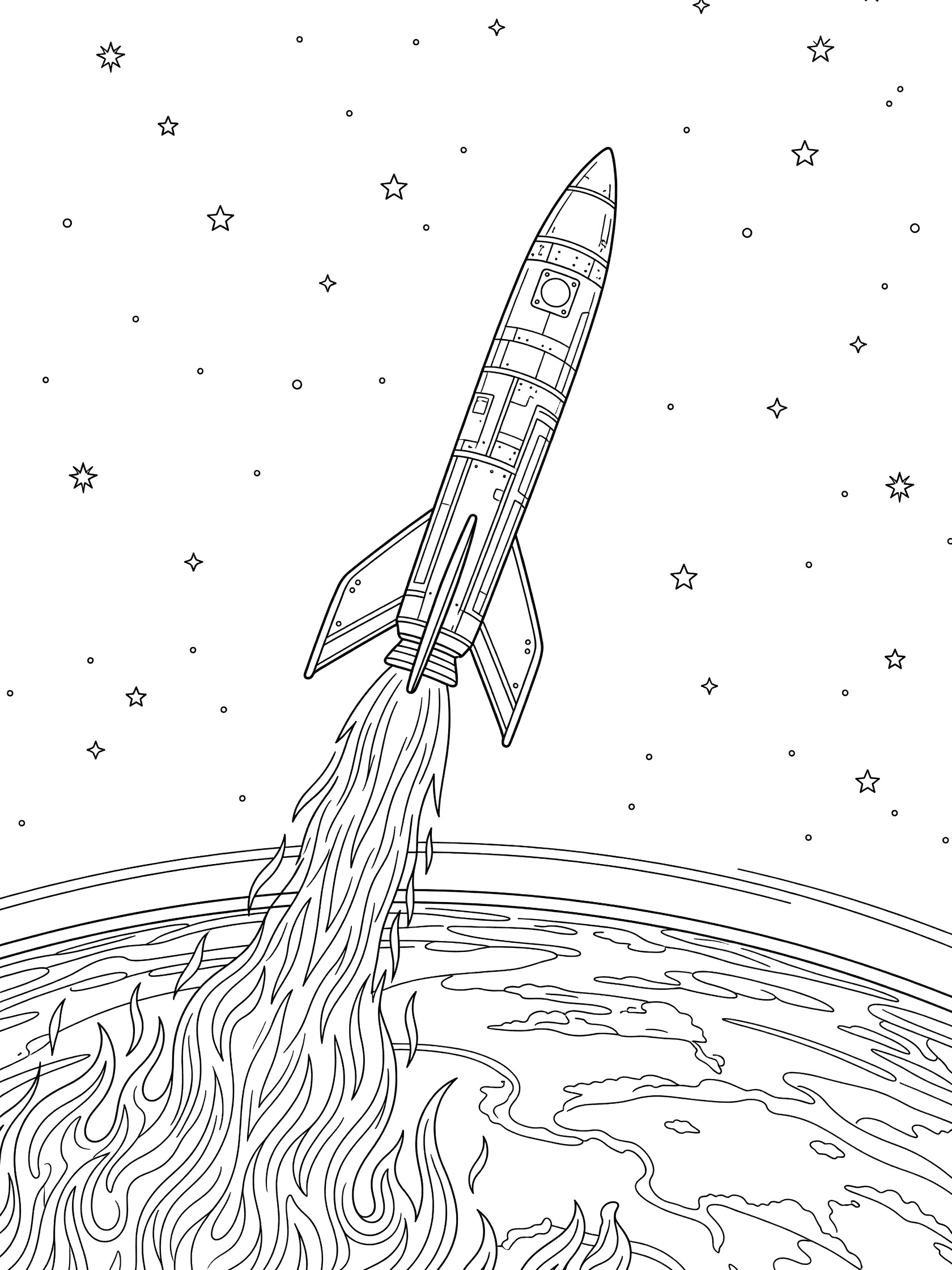 Black and white coloring page showing Blue Origin rocket piercing space edge with flames, Earth curve below, and starry sky above