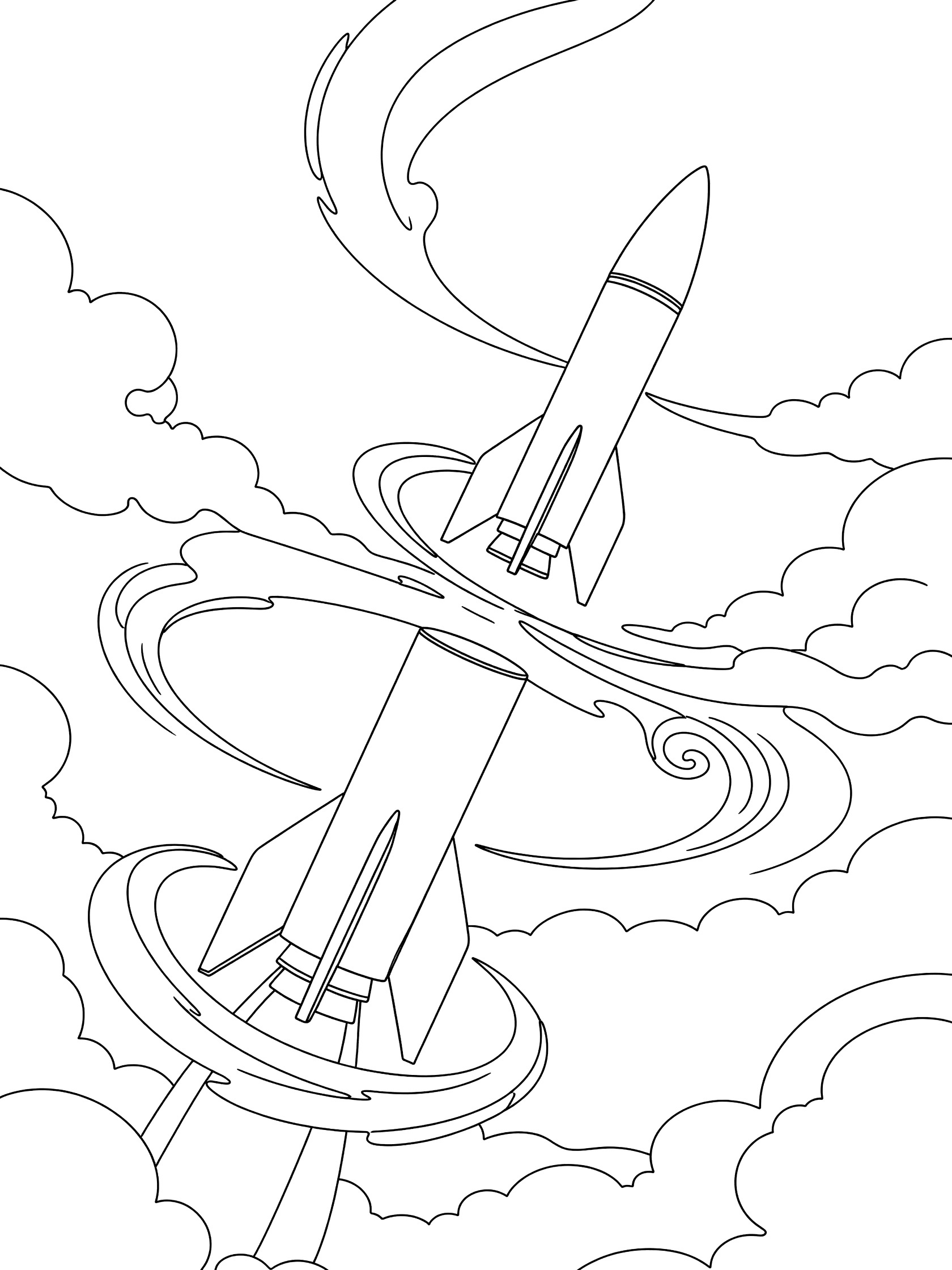 Black-and-white coloring page of Blue Origin multi-stage rocket with booster detaching amid swirling clouds in upper atmosphere