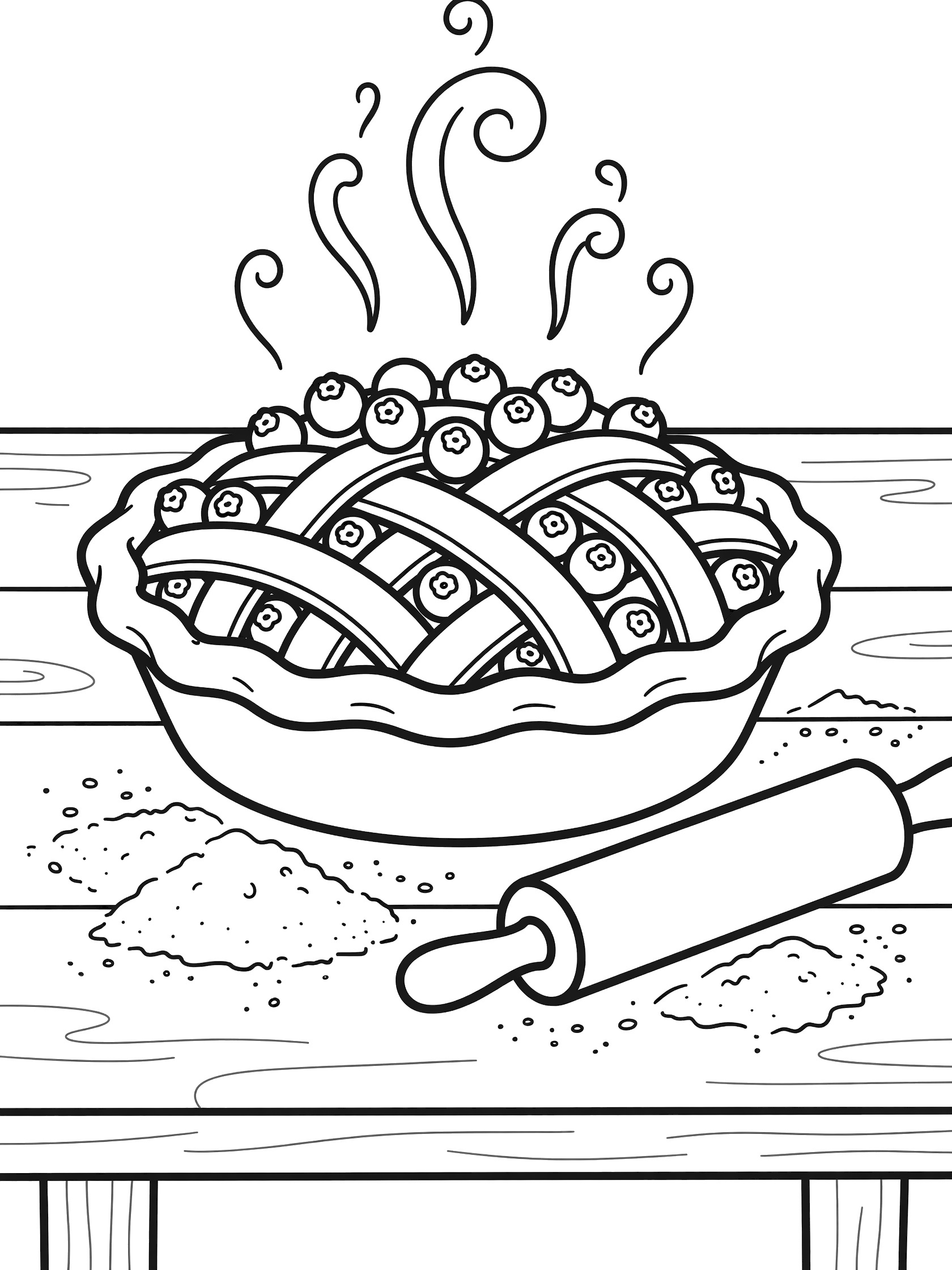 Black and white line art of a blueberry pie with lattice top overflowing blueberries, steam swirls, rolling pin and flour dust on wooden table, printable coloring page