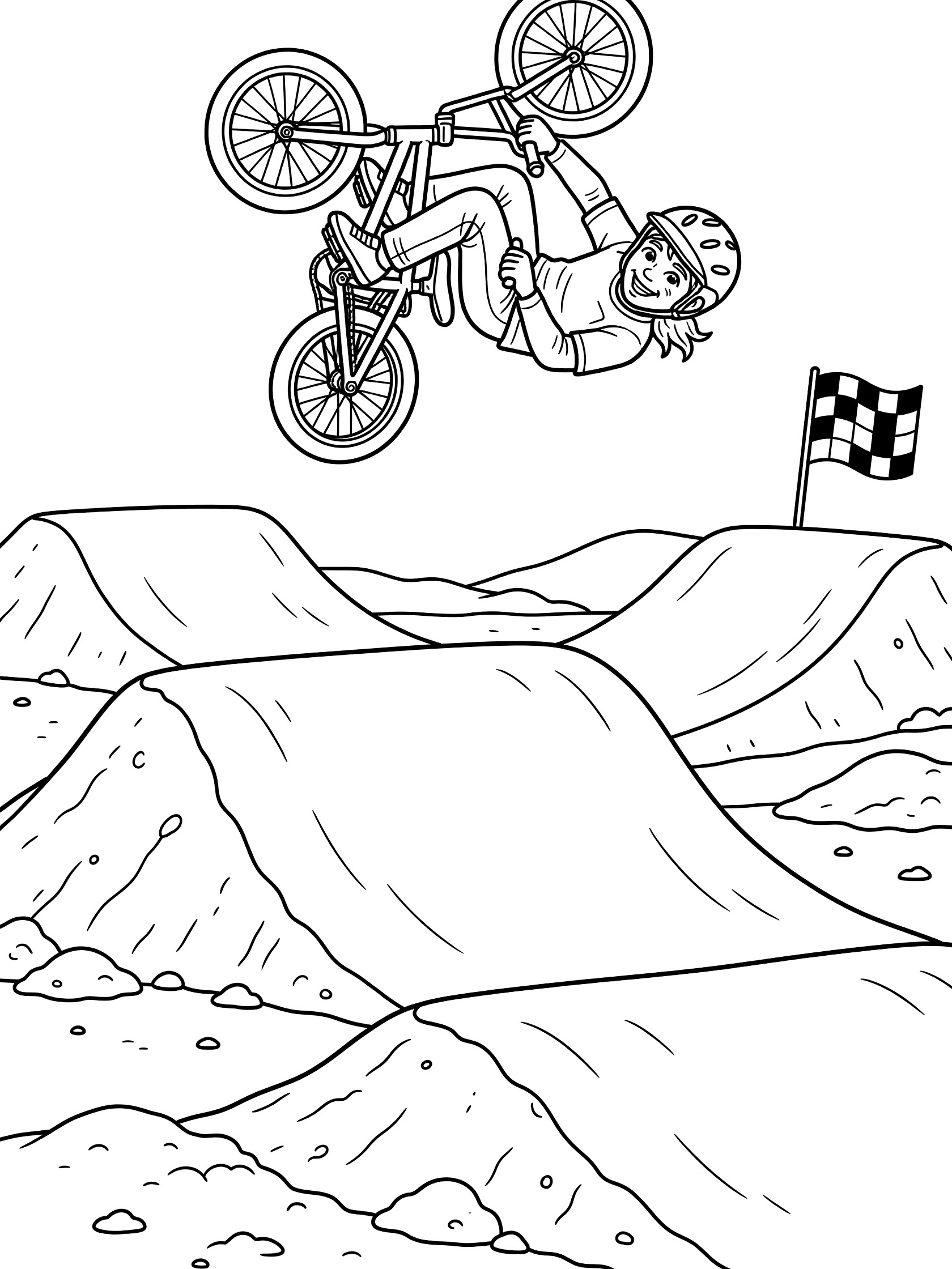 Black and white line art of BMX biker in backflip over large dirt jump, gripping handlebars on twisting bike, with checkered flag nearby.