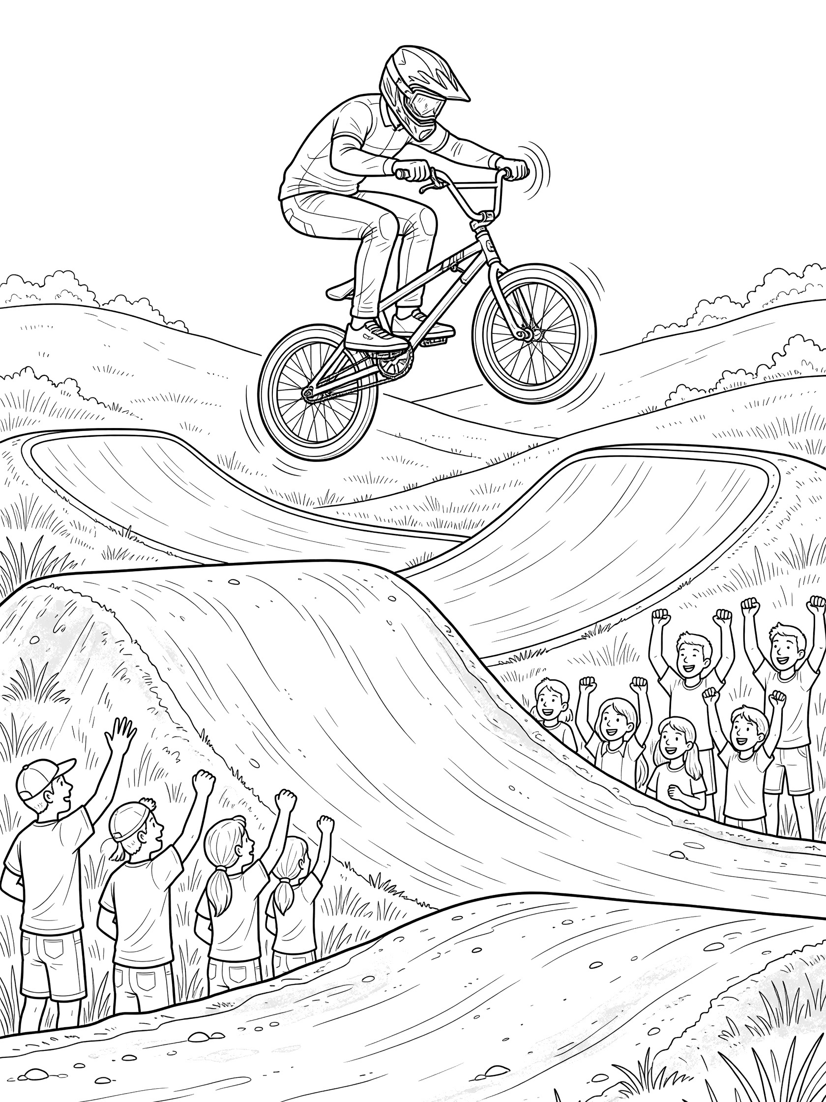 Black-and-white line art of a BMX rider in mid-air executing a barspin over a dirt jump, with cheering crowd and grassy hills.