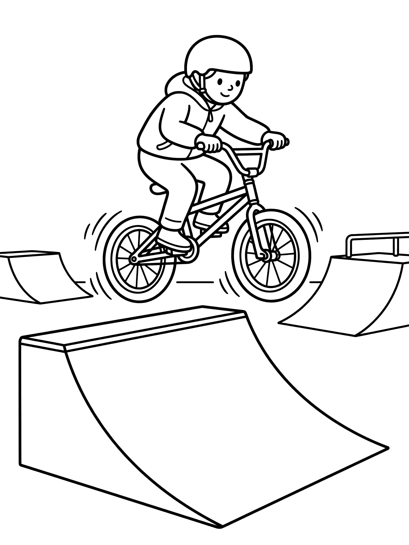 Line art coloring page showing a child cyclist in helmet jumping a BMX bike mid-air over a curved ramp with nearby ramps and rails