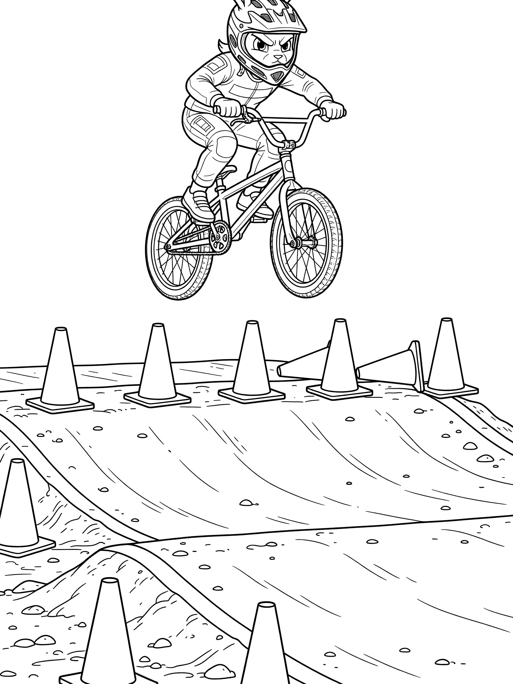 BMX bunny hop coloring page showing a biker with bunny ears jumping over orange traffic cones on a dirt track