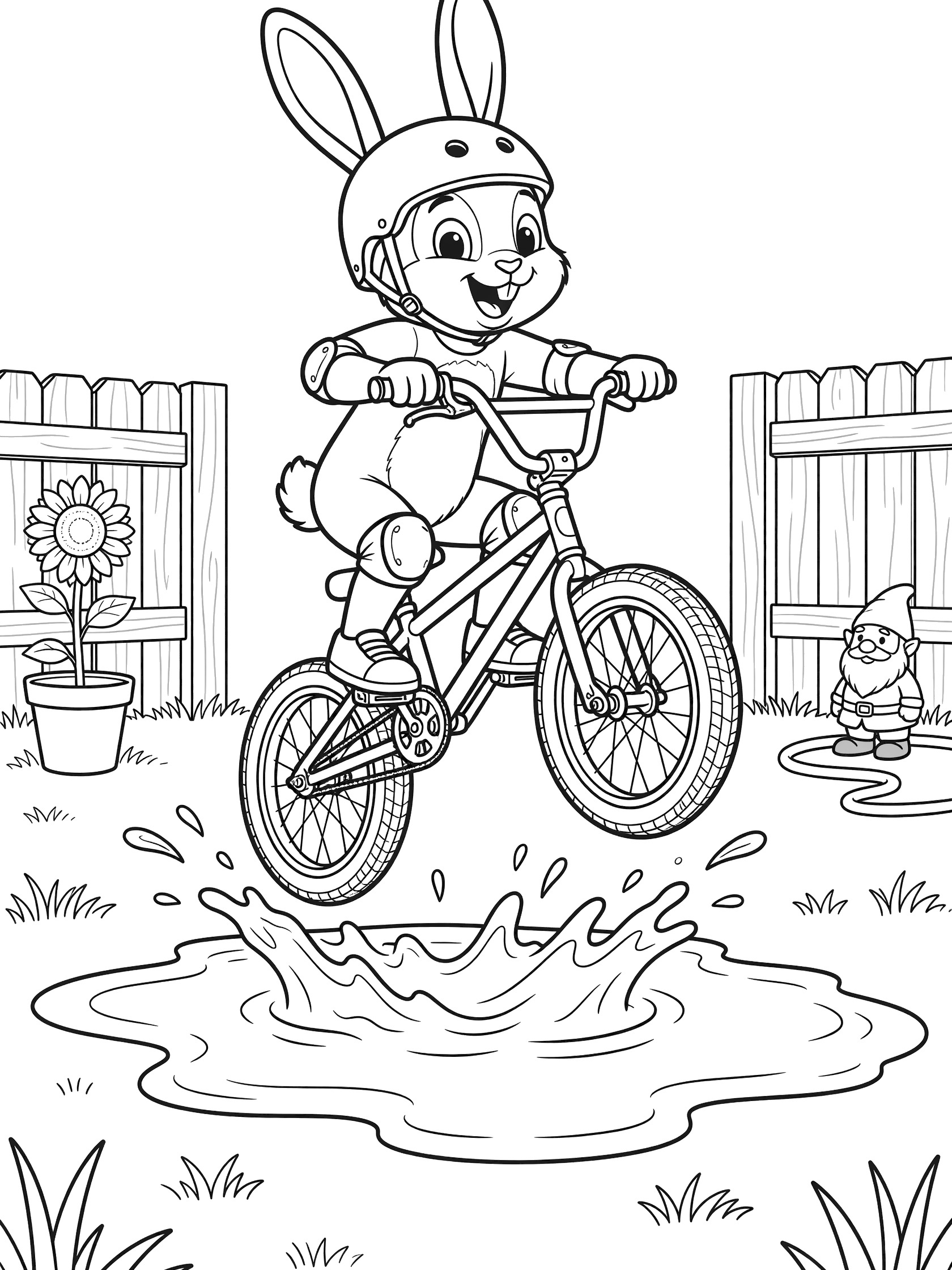 Cute bunny in helmet bunny hopping BMX bike high over large backyard puddle with water splash, surrounded by fence, flowers, pot, gnome and grass line art coloring page