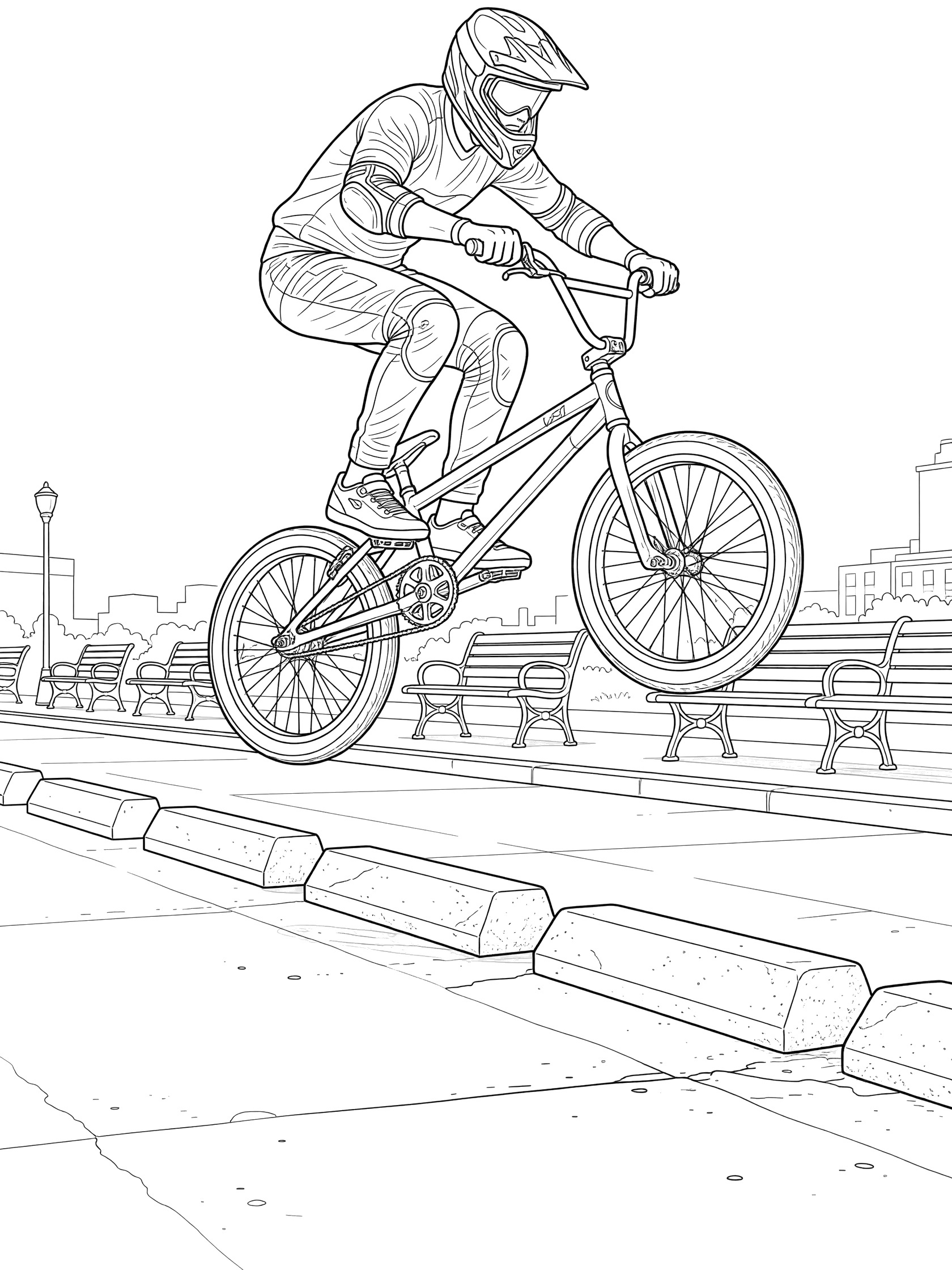 Black and white coloring page of a BMX rider in a helmet performing a bunny hop over curbs on an urban street lined with benches.