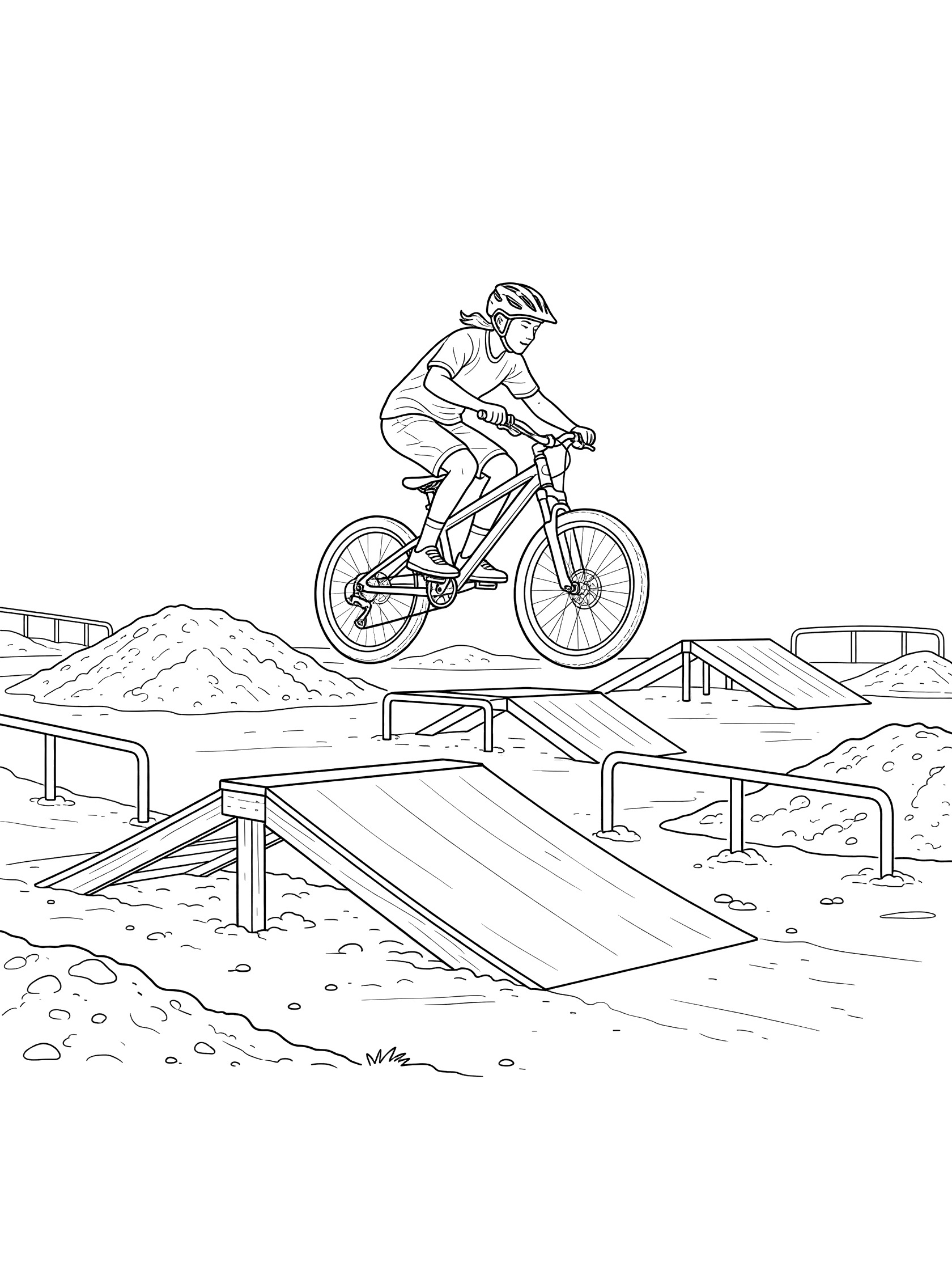 Line art coloring page showing a helmeted BMX rider bunny hopping over a small angled ramp with bike wheels off the ground in a bike park with rails and dirt mounds.