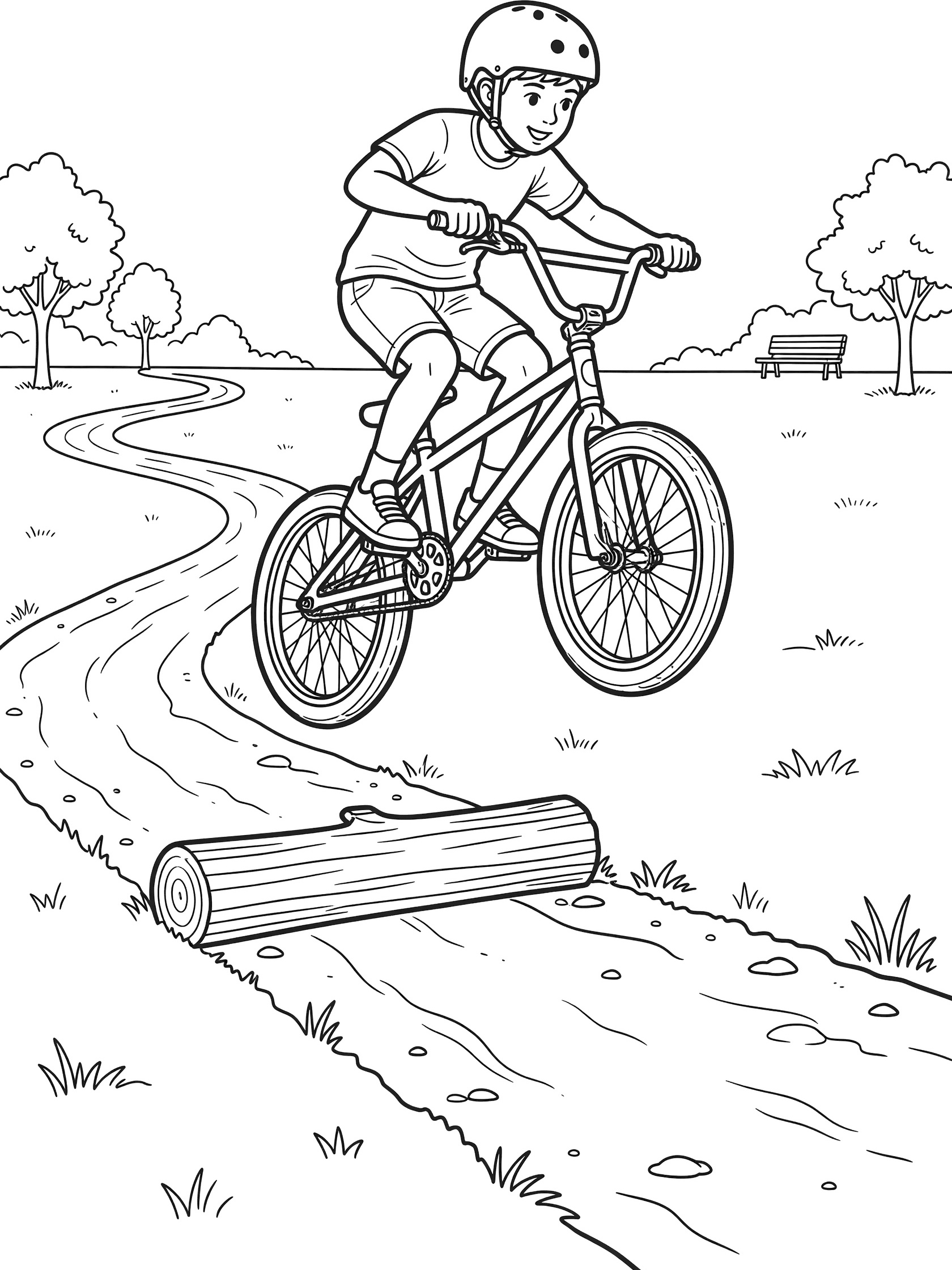 Black-and-white coloring page of a kid on a BMX bike performing a bunny hop over a small log on a winding park trail, lifting the bike high with front wheel up.