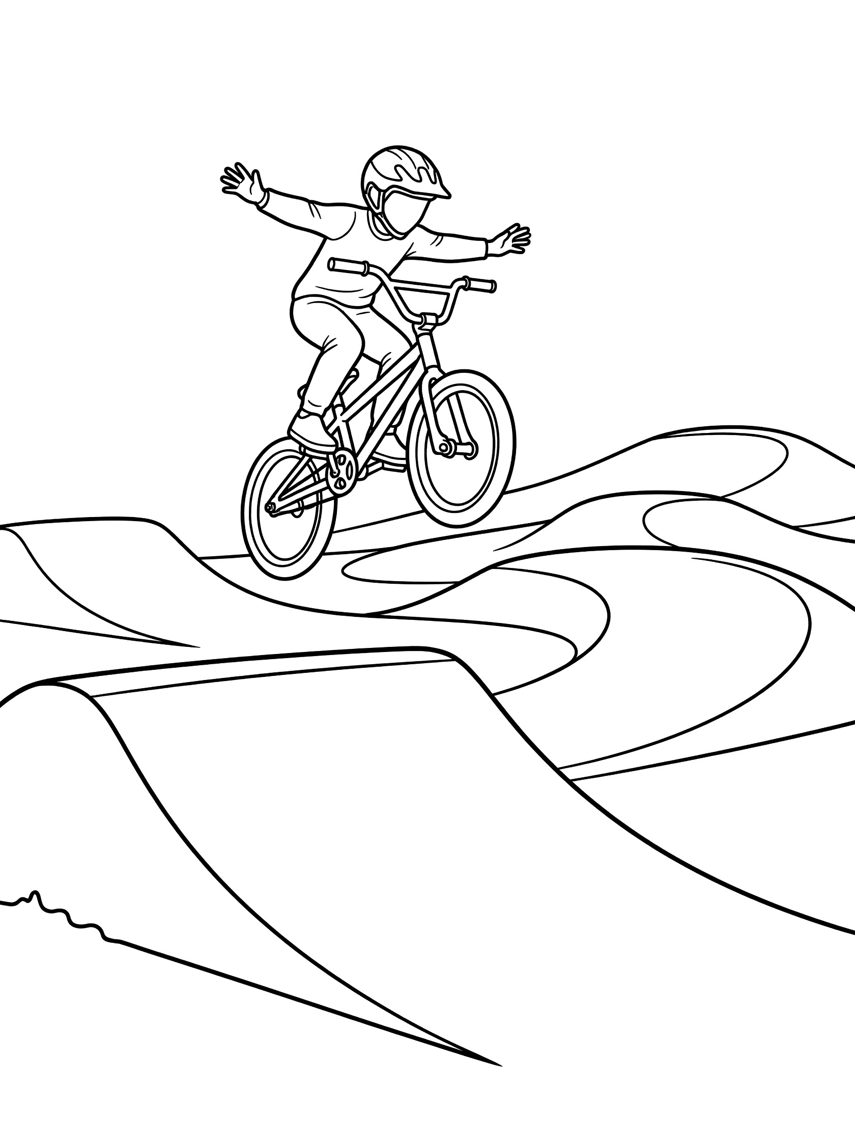 Black and white line art of BMX racer in helmet and jersey jumping bike off ramp on race track, airborne with front wheel up and extended arms.