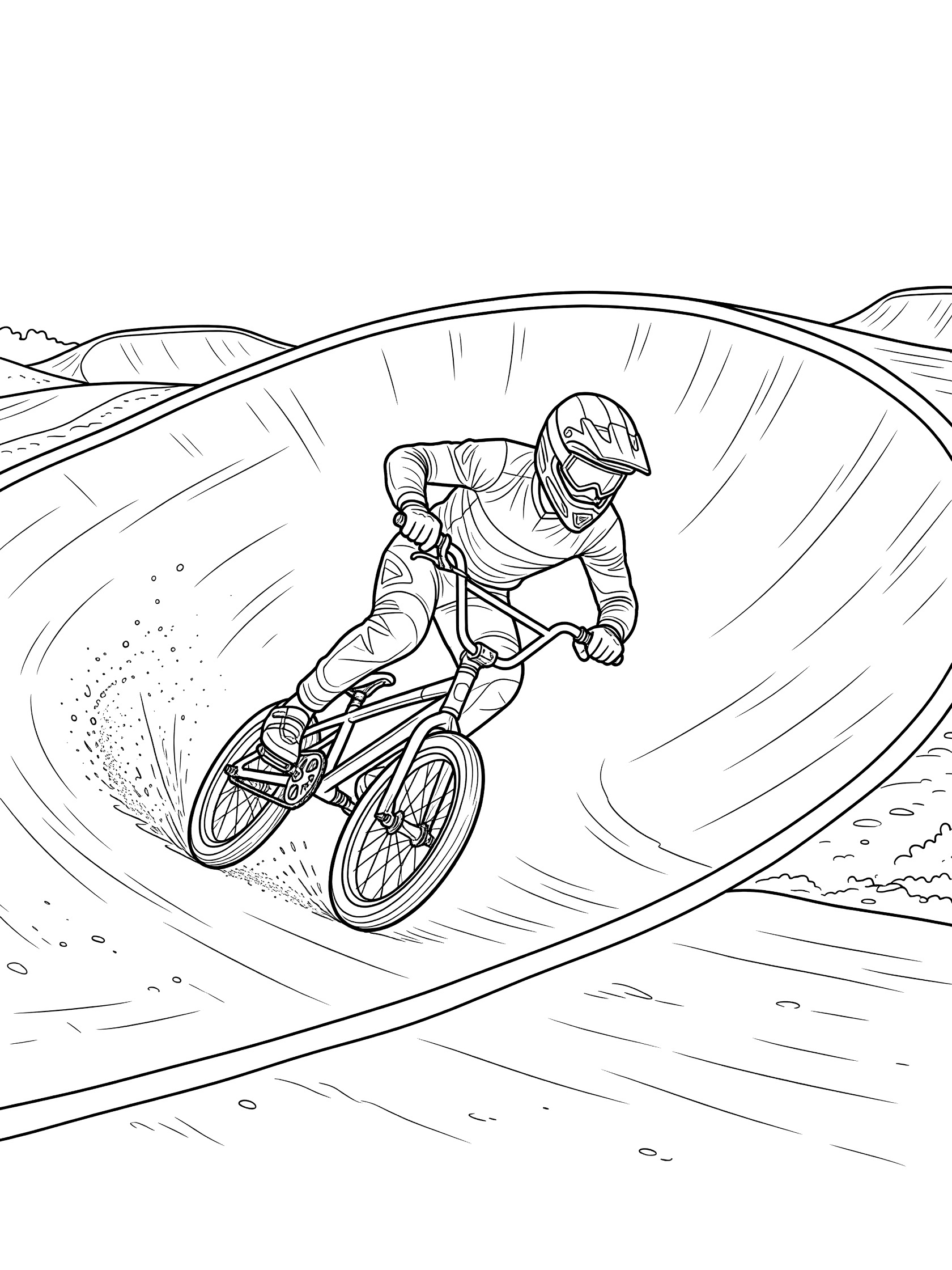 Black and white line art of BMX racer in helmet leaning into sharp berm turn on race track, bike angled low, dirt flying from tires.