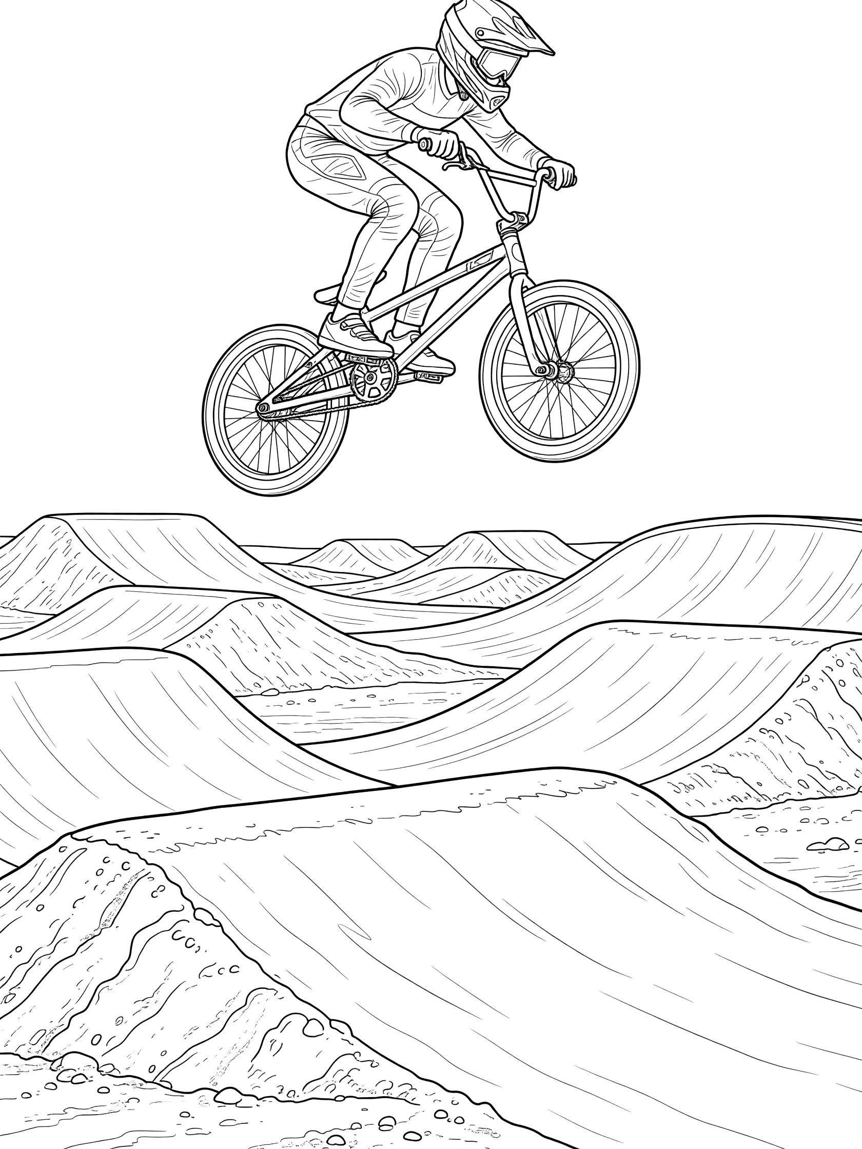 Black and white line art of BMX racer in helmet soaring over double jumps on race track with bike extended mid-air, detailed spokes and handlebars