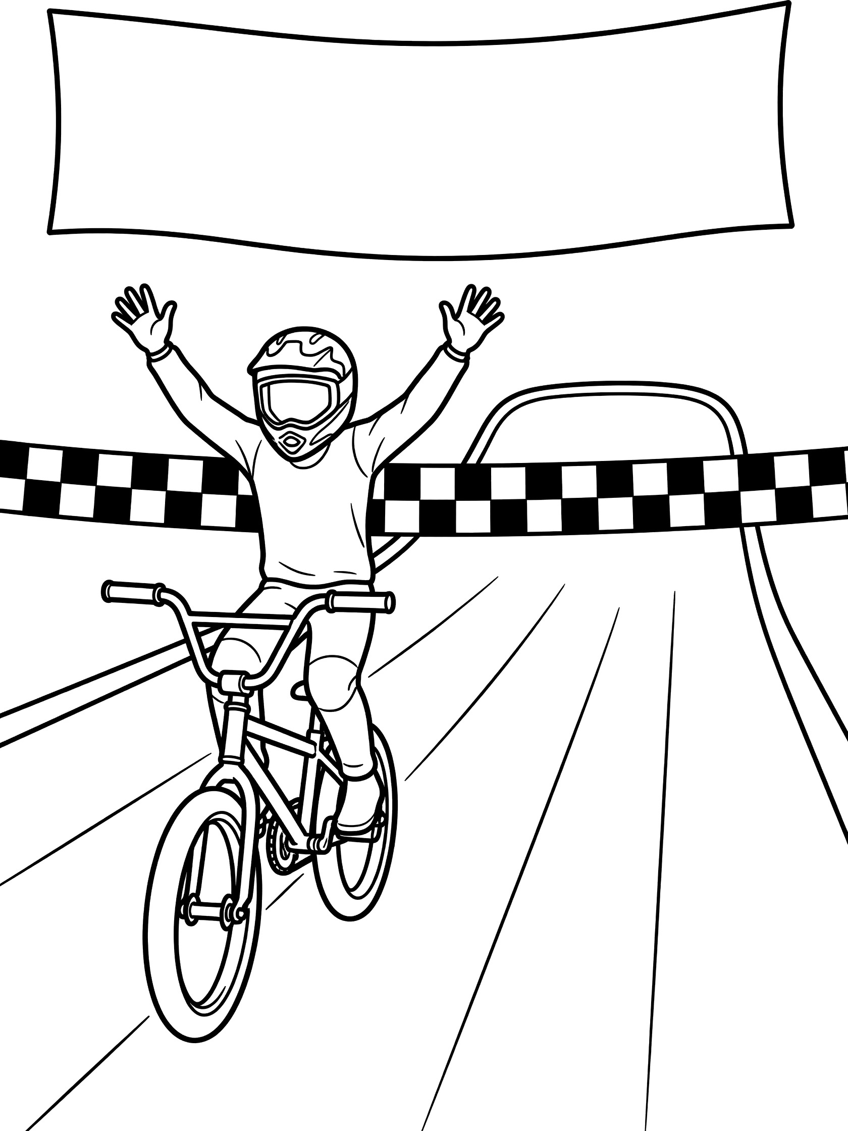 Black-and-white line art of a BMX racer on a bike speeding over the checkered finish line on a race track, arms up in celebration, with fluttering finish banner.
