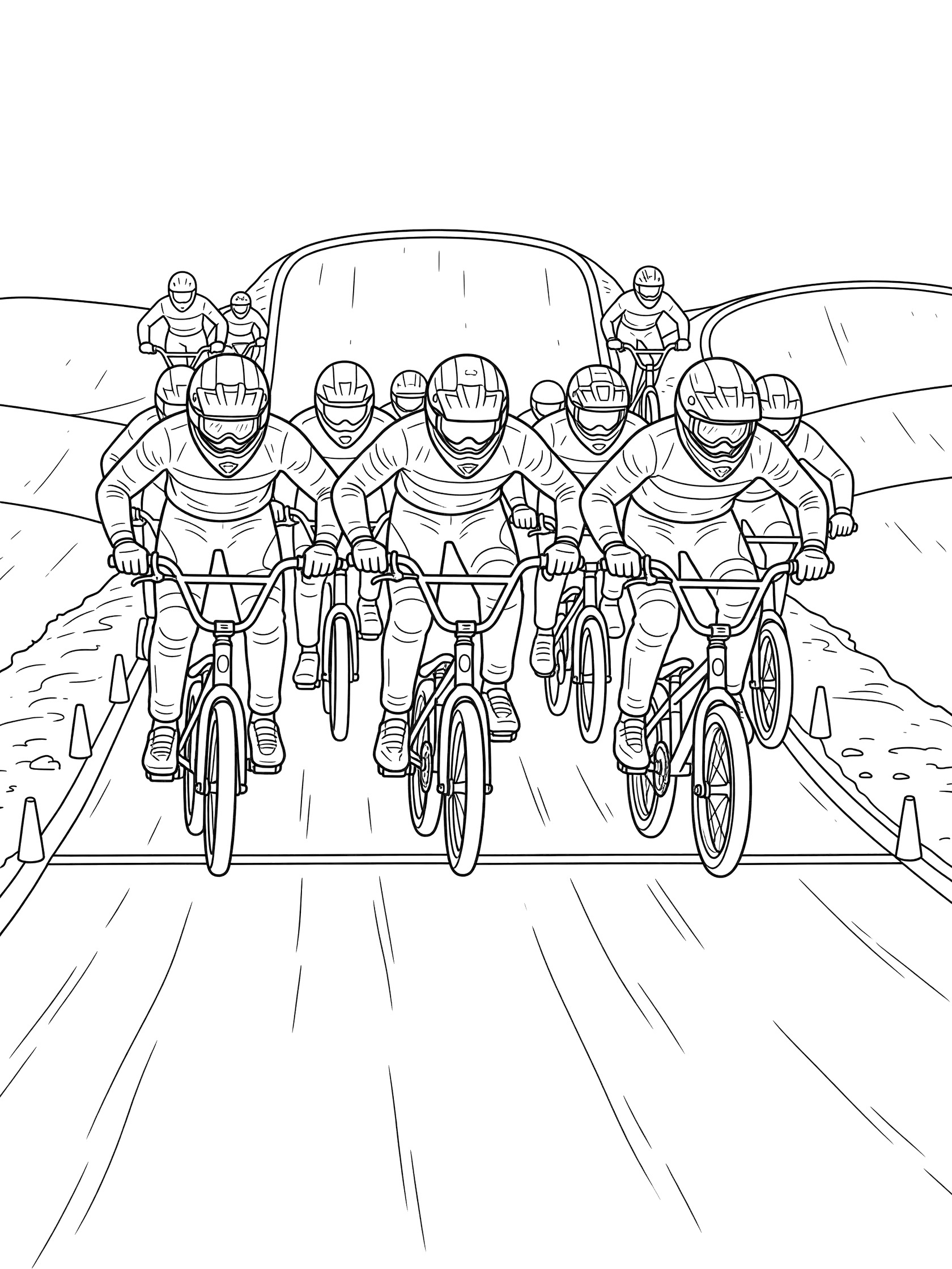 Line art coloring page showing several BMX racers in helmets sprinting straight out of the raised starting gate on a straight dirt race track with side markers.