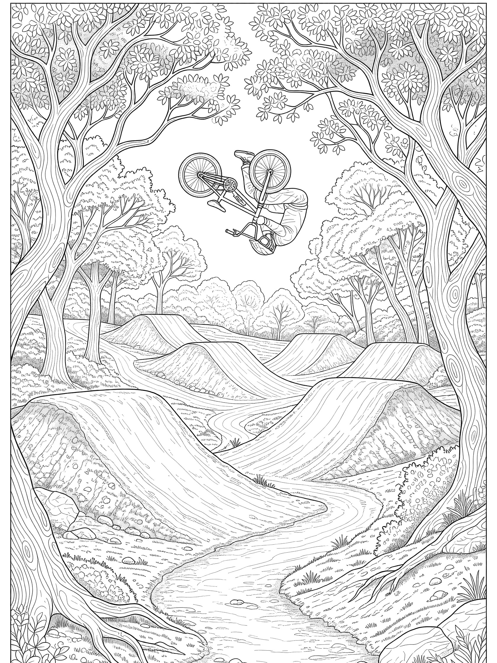 Black and white coloring page showing BMX rider performing backflip trick mid-air above connected dirt jumps, with twisted trees and trail path in wooded park.