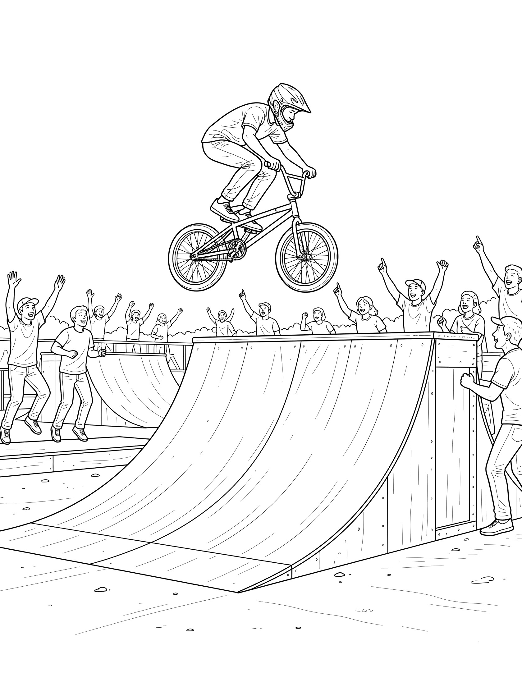 Black and white coloring page of BMX rider in helmet performing backflip over quarter pipe in park, bike spinning mid-air, crowd cheering on sides.