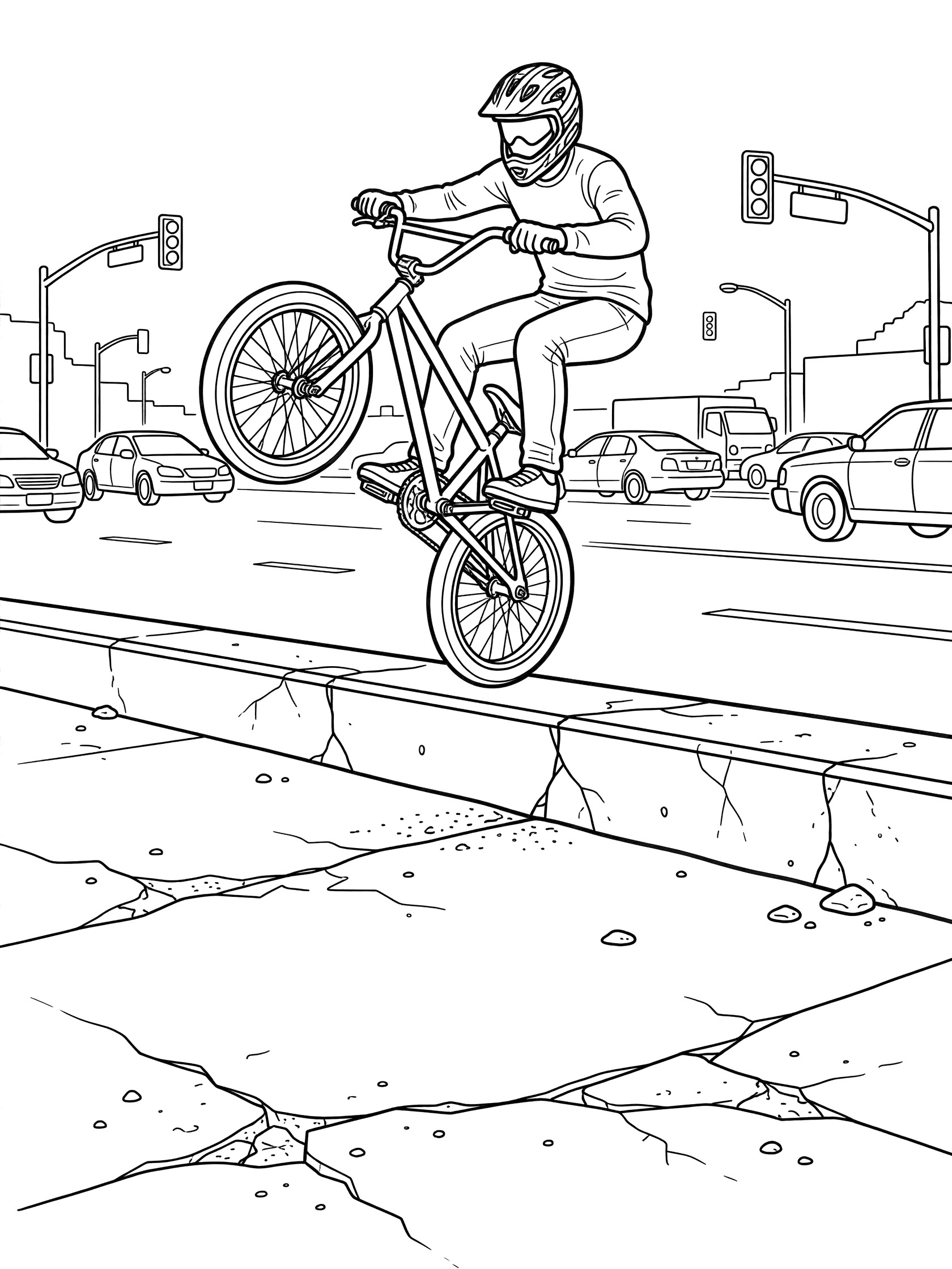 Black and white line art coloring page showing BMX biker in helmet balancing on rear wheel atop concrete street ledge, knees bent, with busy street, cars, and traffic lights in background.