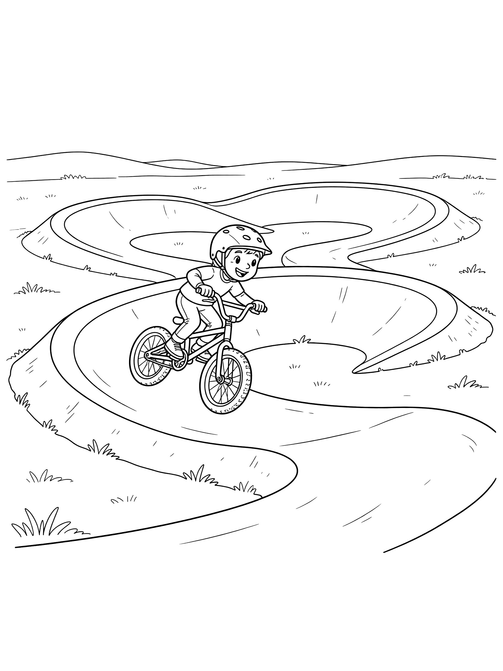 Black-and-white coloring page of a happy BMX rider in helmet carving a tight inside corner on a pump track bike course with big wheels, berms, rollers, and grass.