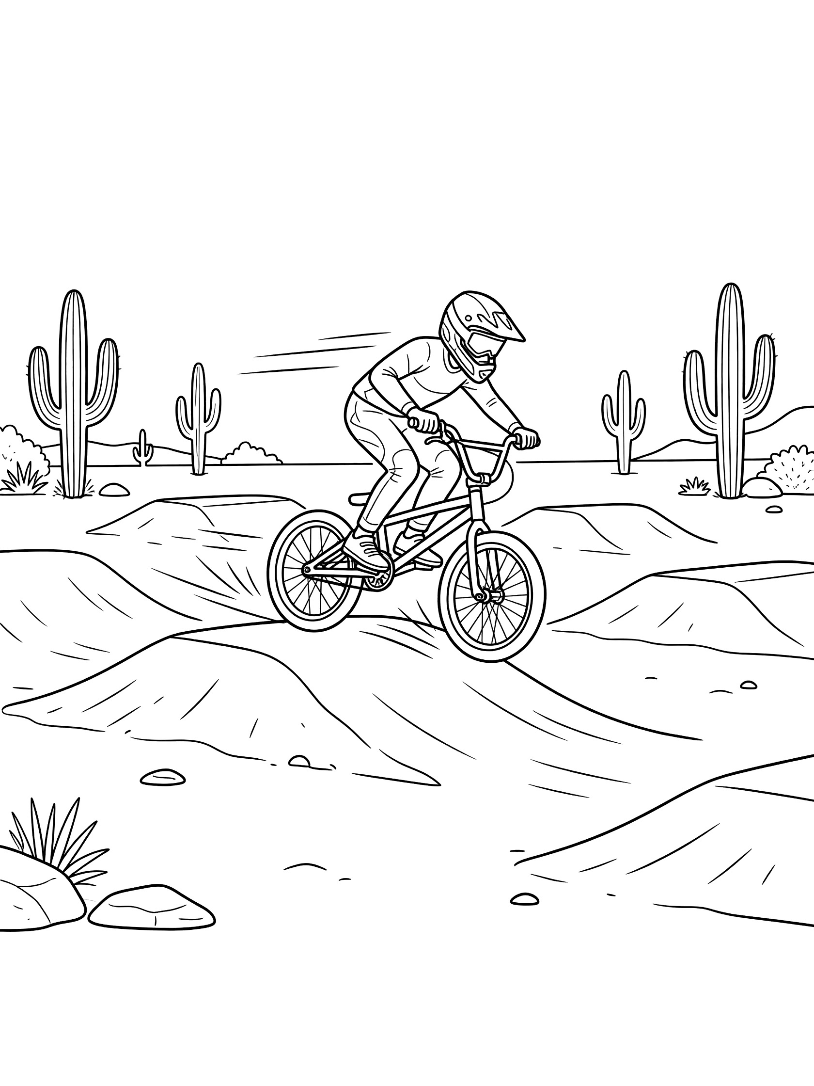 BMX rider in helmet leaning forward on bike scrubbing low over a series of dirt jumps with speed lines, cacti and rocks in desert background, clean line art coloring page