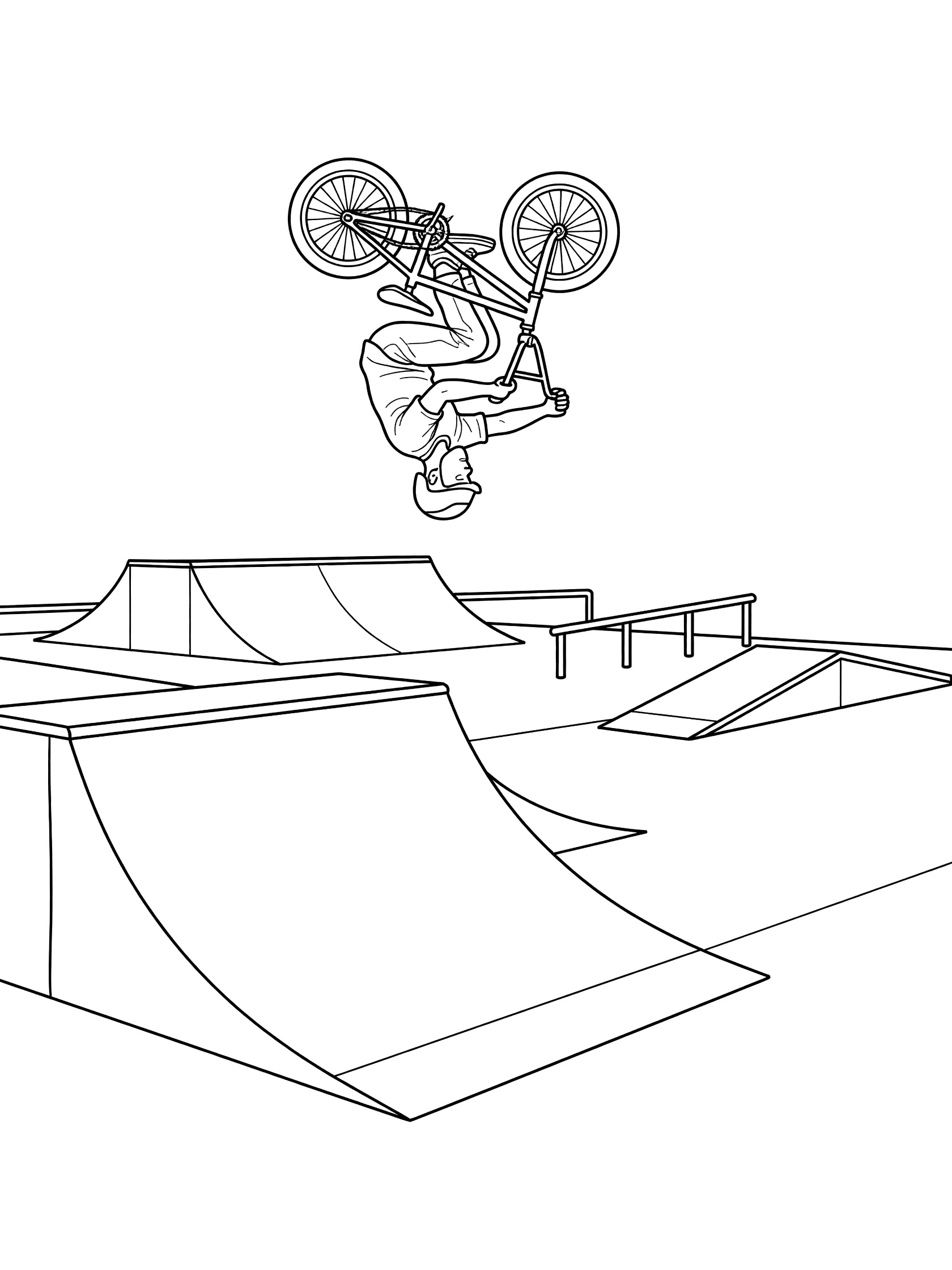 Black and white coloring page showing a BMX rider executing a backflip mid-air upside down off a curved quarter pipe with bike fully rotated.