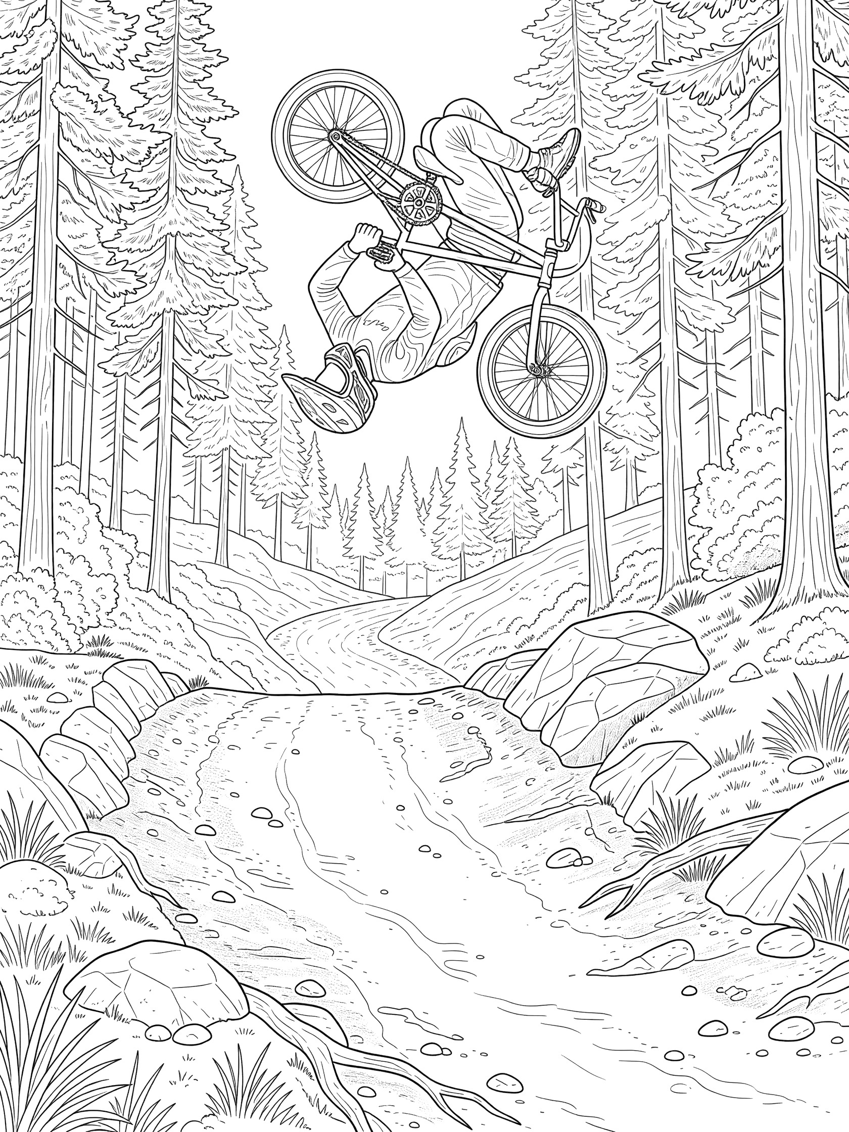 BMX bike rider performing a backflip mid-air over a dirt trail gap in a forest with trees and rocks, printable coloring page