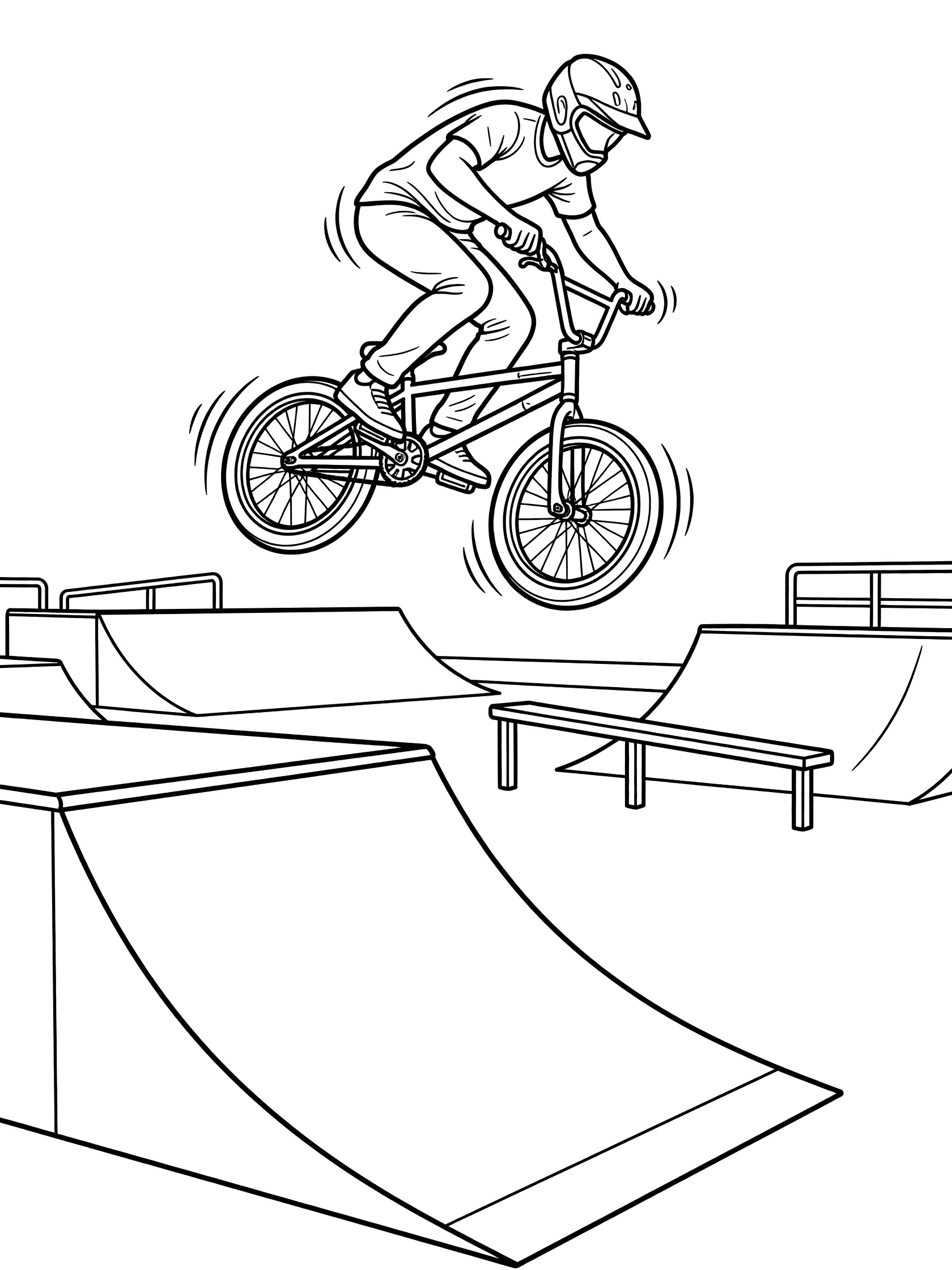 Black and white coloring page of a BMX rider executing a barspin trick off a quarter pipe ramp in a skate park, handlebars spinning, bike wheels tucked up.