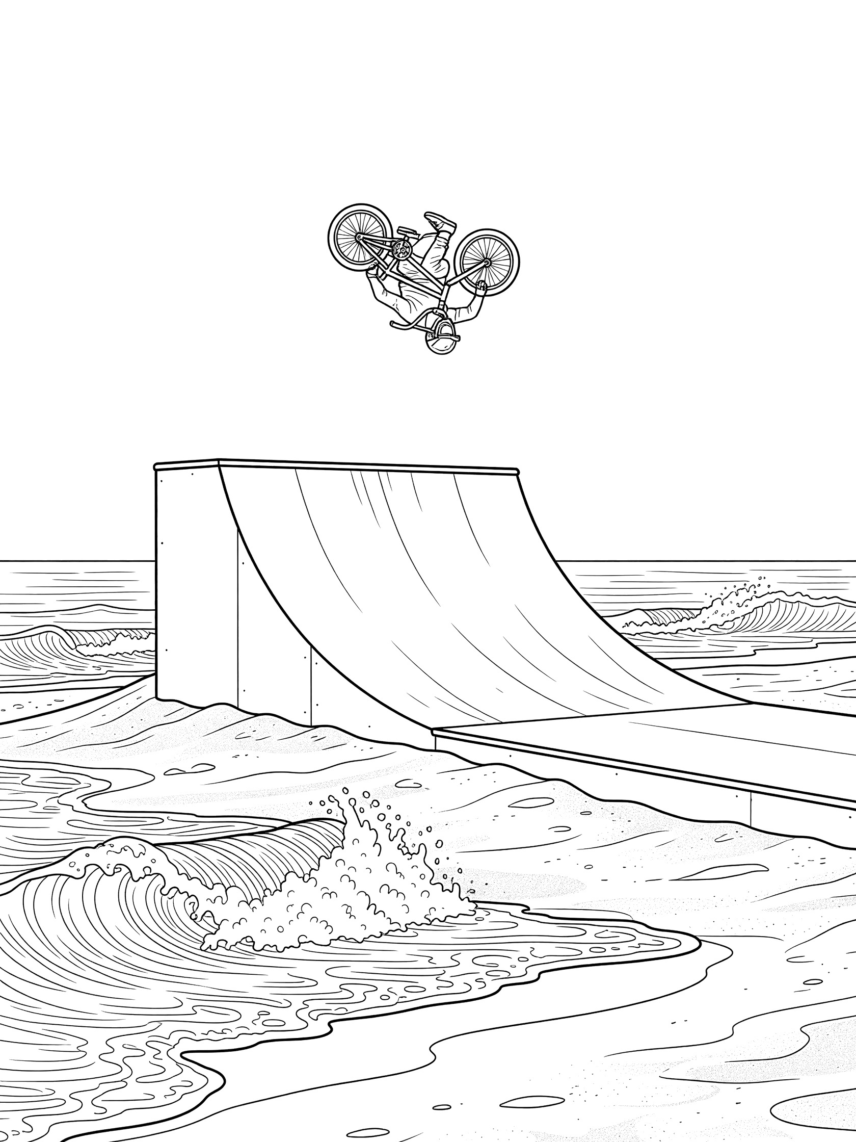 Black and white line art of BMX rider tucked in mid-air flip above quarter pipe ramp with crashing waves and beach sand