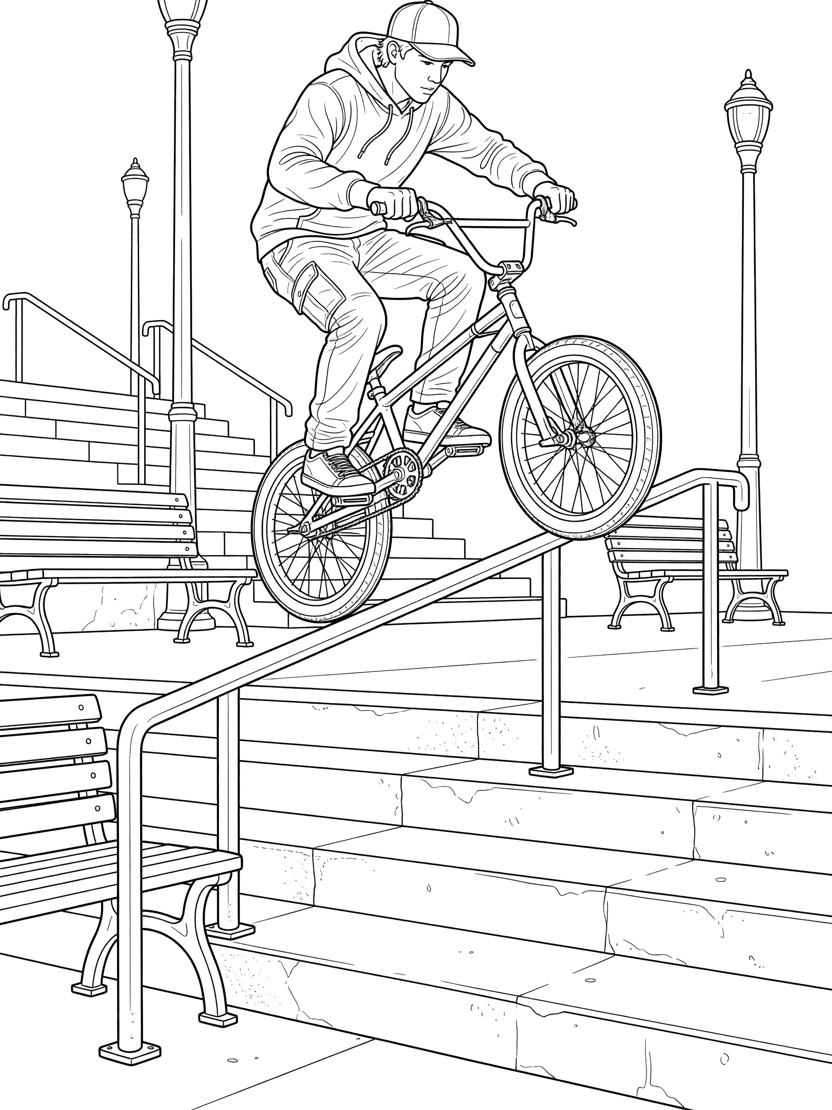 Black and white line art of BMX biker performing barspin on handrail with twisting handlebars, stairs, benches, and street lamps in background.