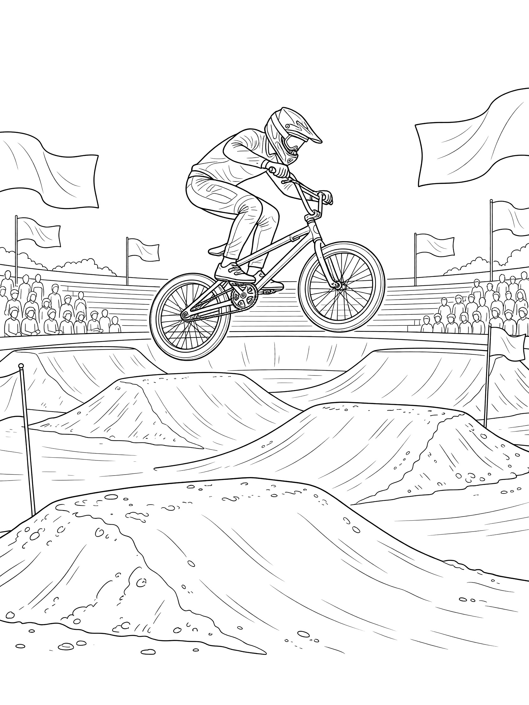 Black-and-white coloring page of a BMX biker in helmet performing barspin trick mid-air over double jump with detailed bike, flags, and arena crowd.