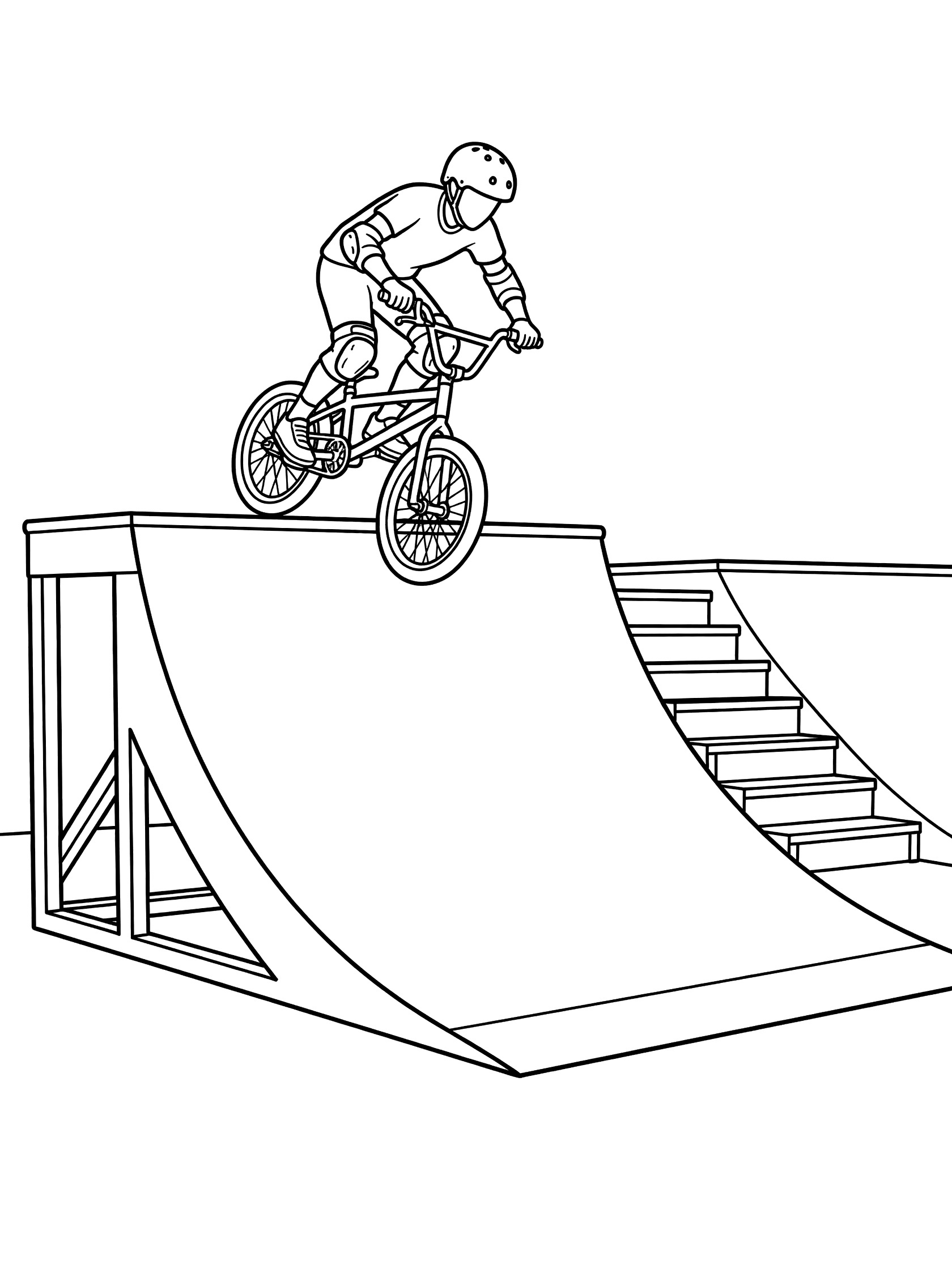 Black and white coloring page of BMX biker in helmet dropping front wheel first into steep quarter pipe transition with side stairs and beams.