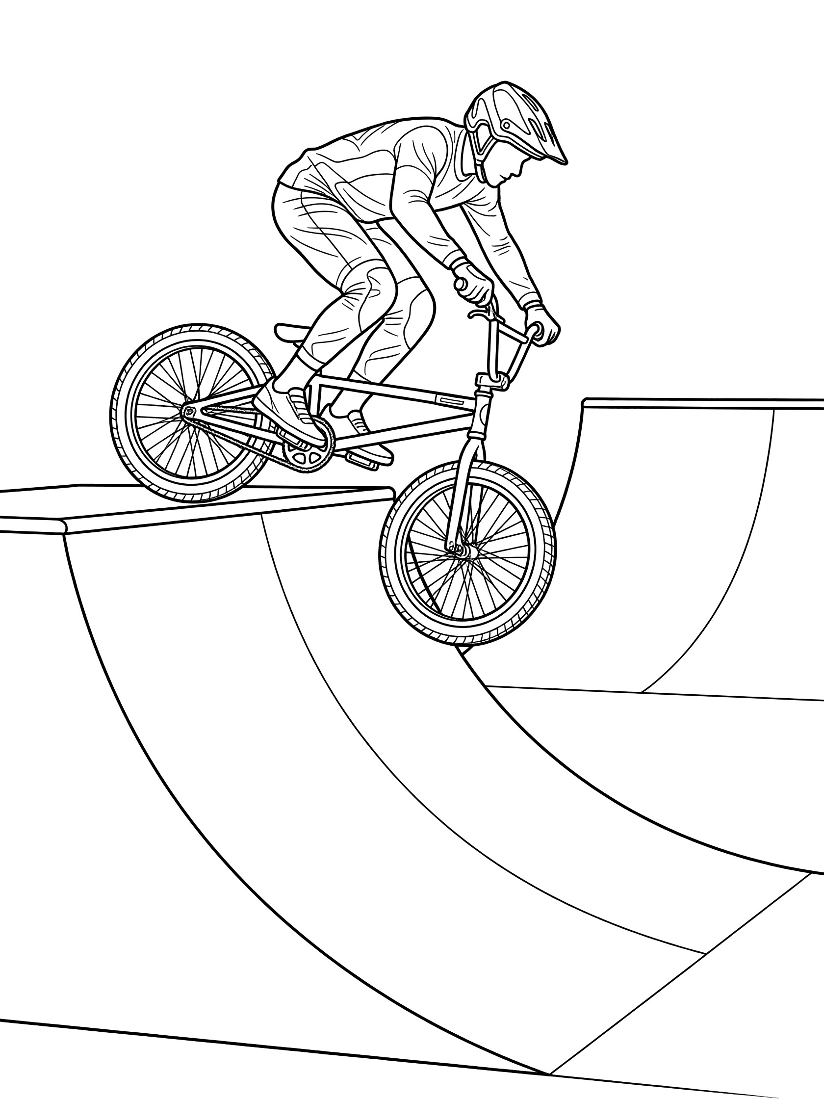 Black and white line art of BMX biker in helmet grinding metal coping at halfpipe edge with bike rear wheel up and front wheel down the ramp.