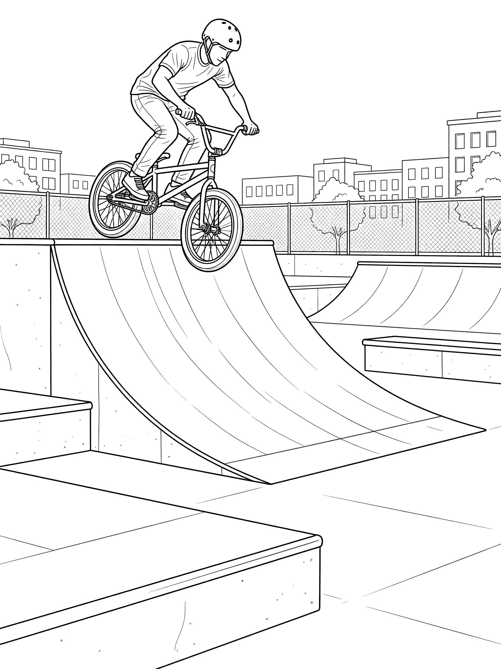Black-and-white coloring page of a BMX rider balancing on rear pegs while grinding the coping edge of a tall quarter pipe ramp surrounded by skate park rails and city buildings.