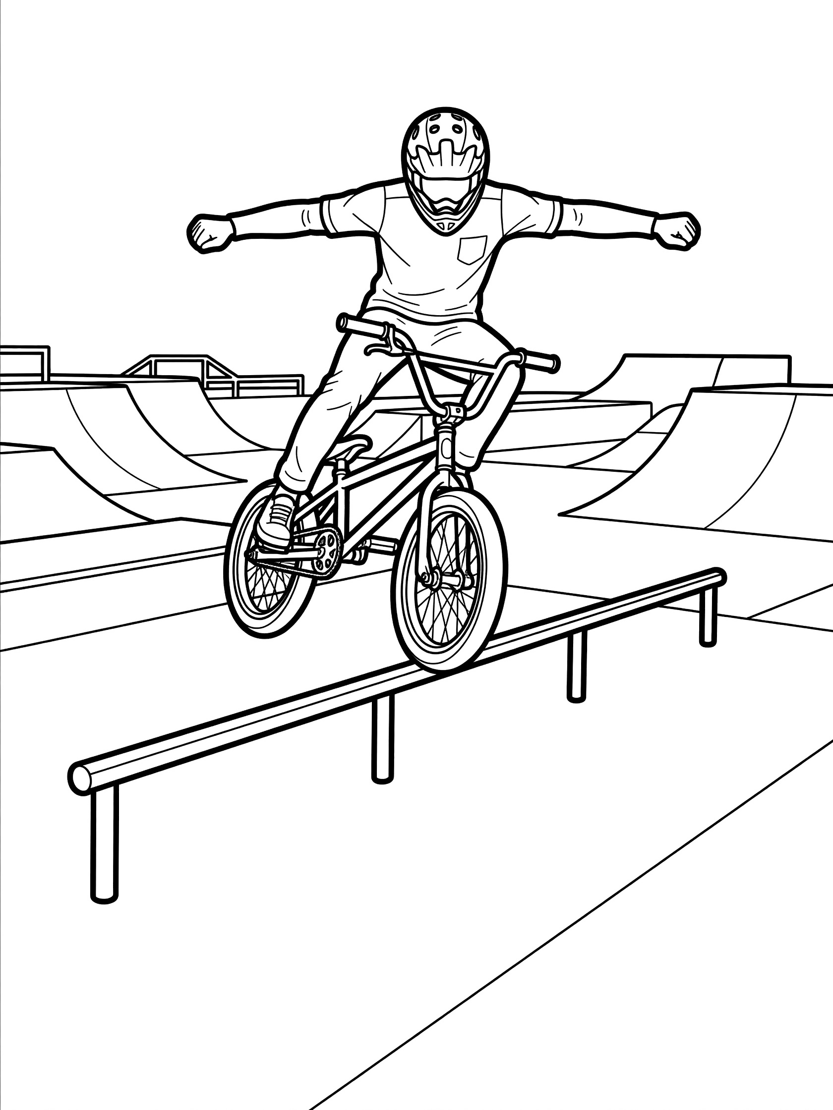 Black and white line art of BMX rider in helmet grinding long rail on bike in skate park surrounded by ramps